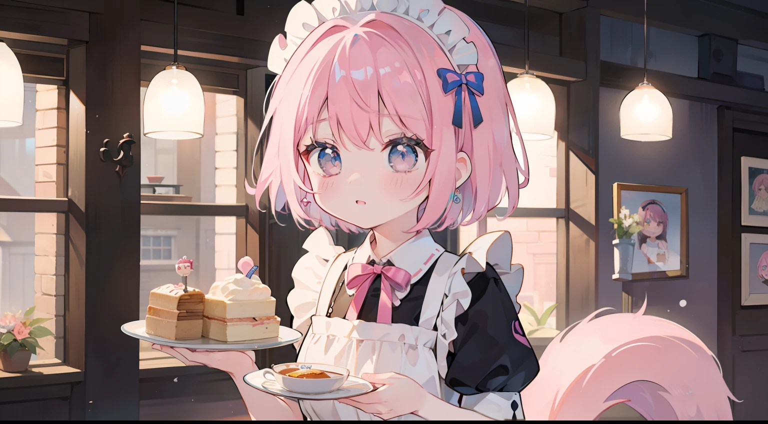 One girl、Pink hair、masterpiece、top-quality、Top image quality、cute little、Side tail、maid clothes、Maid Cafe、Carry dishes、panic