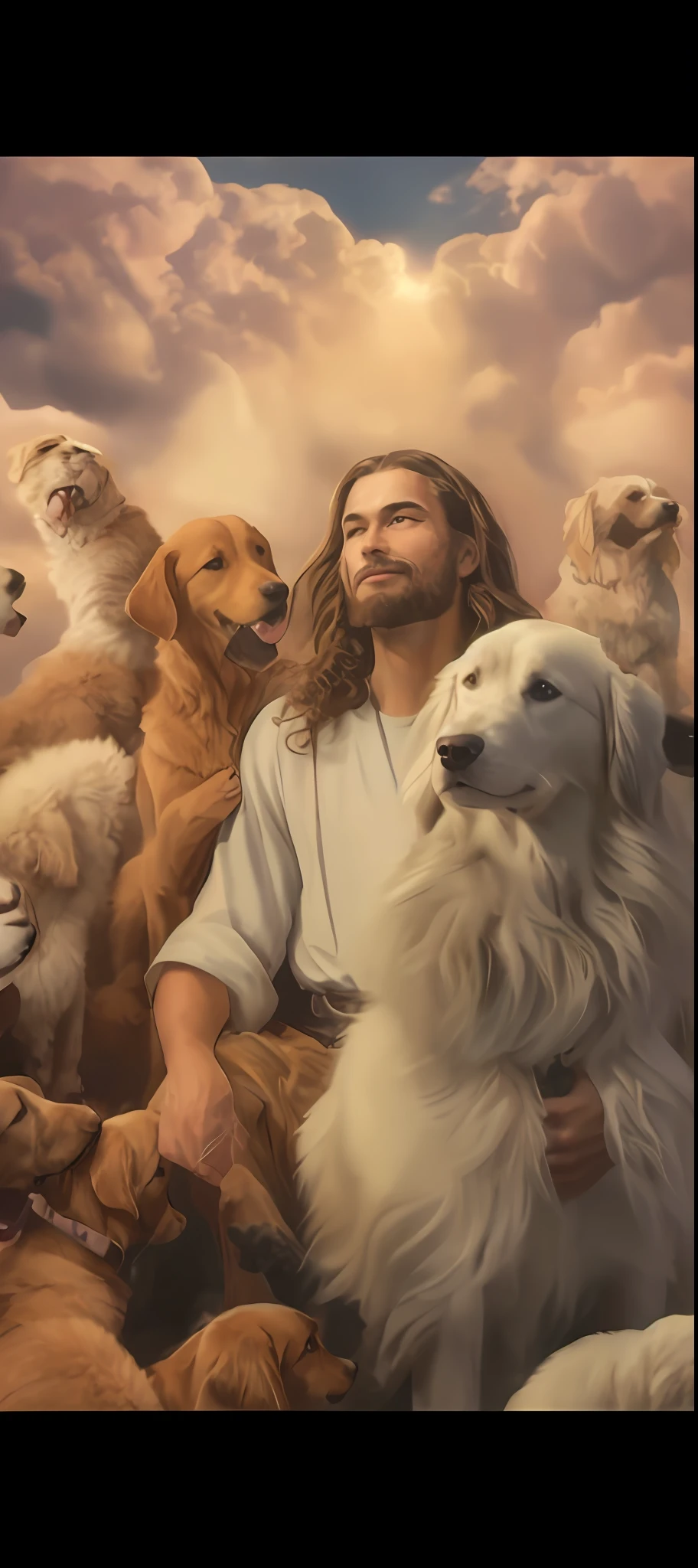 Image of a man with a beard and a dog surrounded by dogs, dog as a god, with dogs, Jesus segurando um gato bonito, Greg Olsen, Jesus, inspirado em David LaChapelle, Wholesome, Jon McNaughton, Vestido como Jesus Cristo, Jesus Cristo, Jesus Gigachad, dogs, incredible, jesus wasted at a party