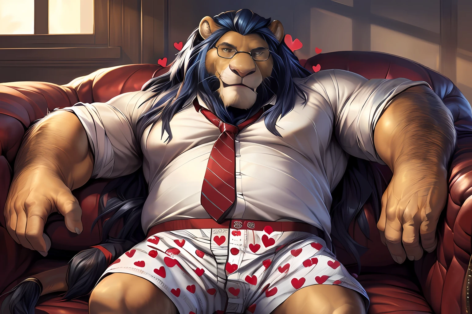 (by narse, by null-ghost, by darkgem, by personalami) older male,old chubby lion, glasses,(Brown fur:1.2),(dark blue long hair:1.4),(facial hair:1.2),(hi res, best quality, high quality, detailed, shaded, shading, masterpiece:1.2), detailed eyes, detailed clothing, smirk, seductive smile, hairy chest, lying in sofa, indoors, night,(red hearts pattern oversized white loose_boxers:1.6), (white Open shirt:1.3), (red striped necktie removed:1.3),(posing),full body,(lion tail)