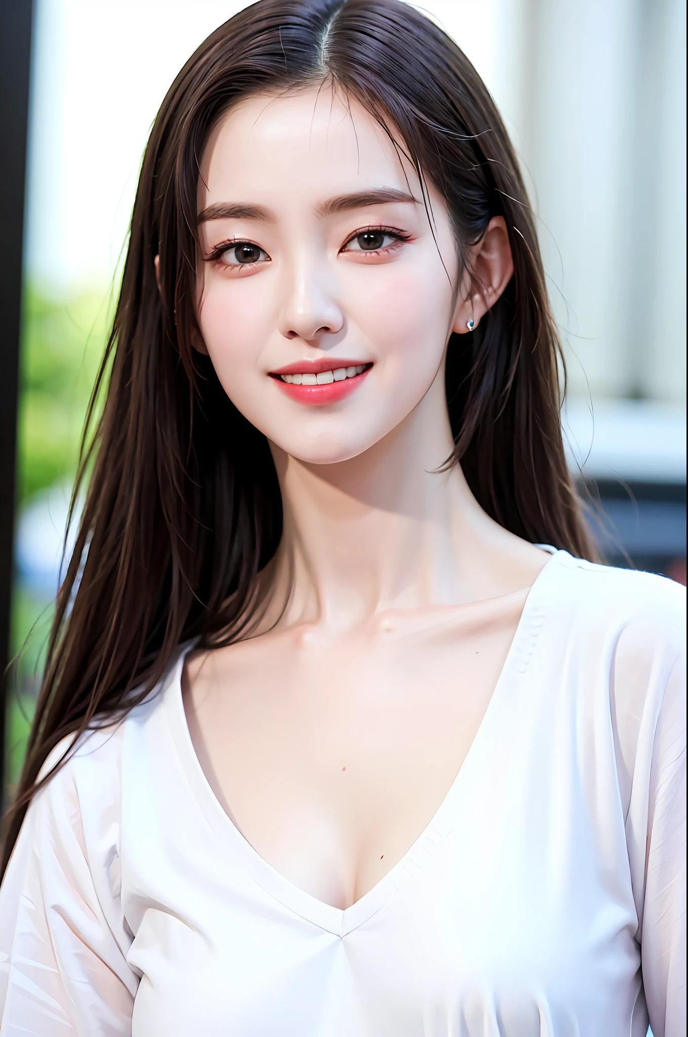 extremely detailed eyes, extremely detailed face, best quality ,masterpiece, extremely detailed, ultra-detailed, (realistic, photo-realistic:1.3), smile, (facing front), looking at viewer, white shirt, sunny day, outdoor, 1girl upperbody