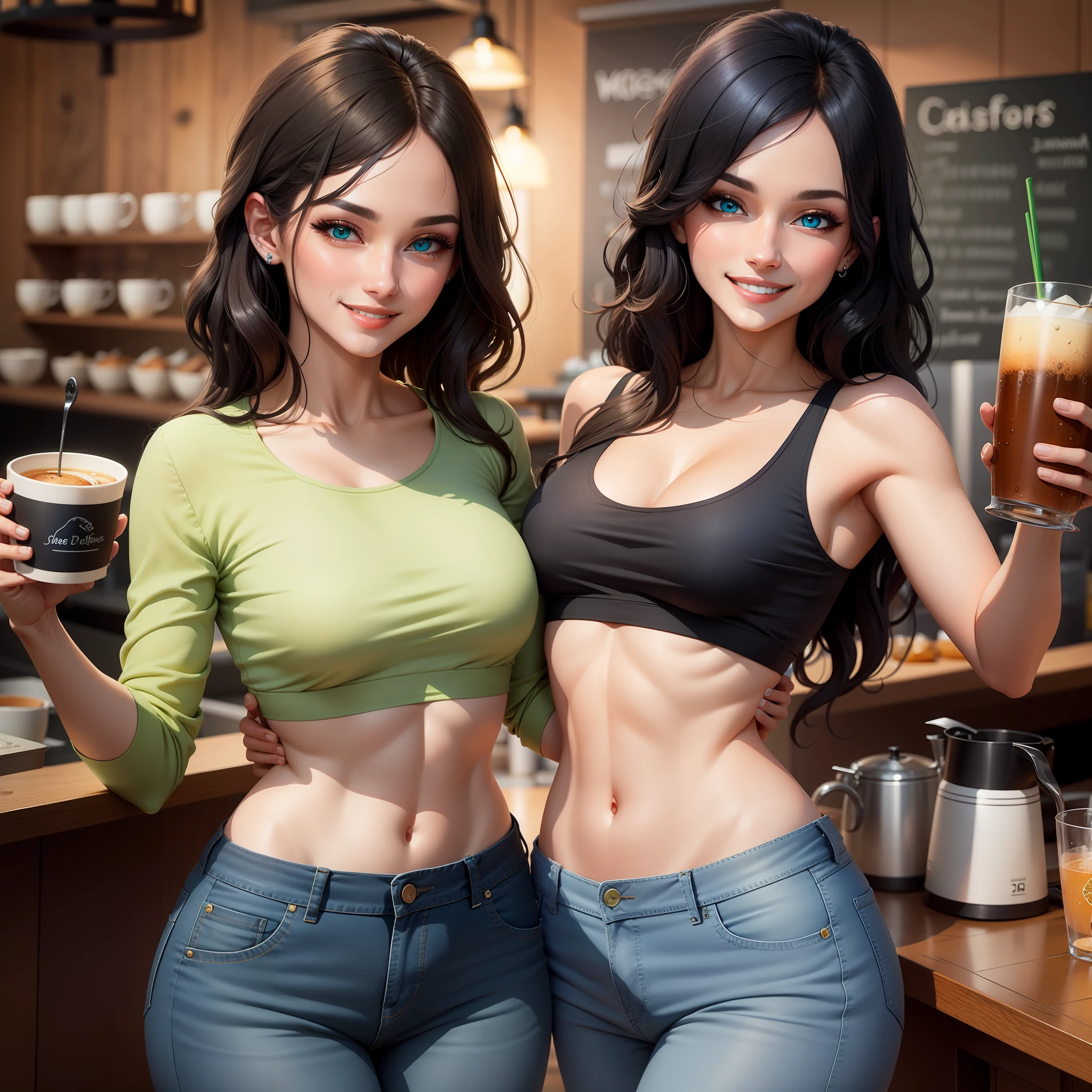 An attractive woman with diamond blue eyes, oval face with smiling shining teeth, sparkling black hair, gorgeous body, small breast, wearing a green top, strong abdomen, blue jeans, anatomically perfect, in a café, HD picture, 8k, artwork, perfect illustration