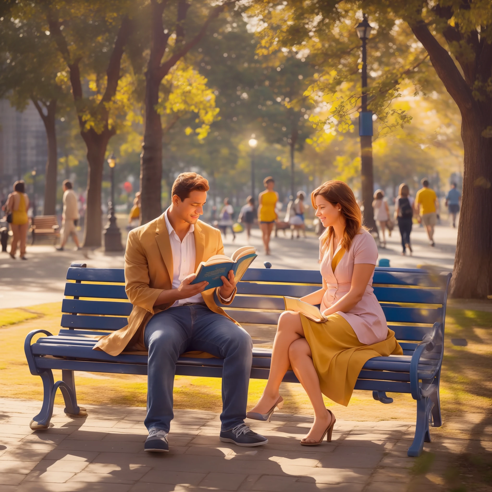 bustling park in a vibrant city. The sun shines brightly and a woman with a strong presence walks through the park with curiosity in her eyes. She notices a charming, committed man sitting on a bench, deep in a book. Their eyes meet and a spark of mutual interest is felt instantly.