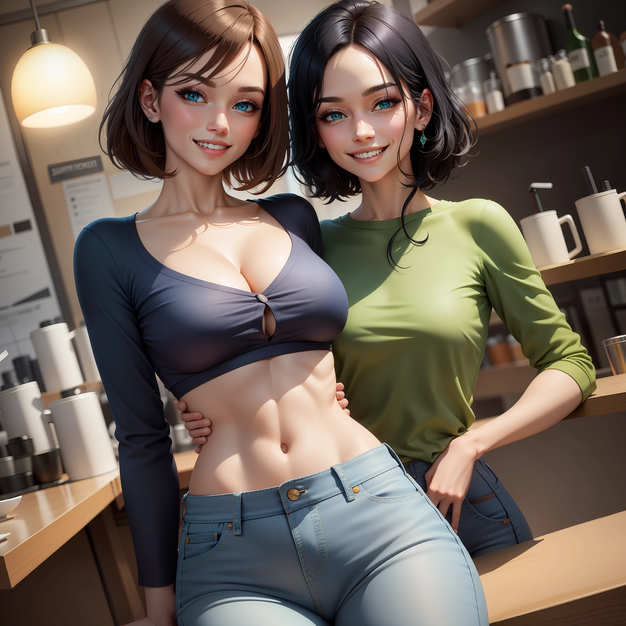 An attractive woman with diamond blue eyes, oval face with smiling shining teeth, sparkling black hair, gorgeous body, small breast, wearing a green top, strong abdomen, blue jeans, anatomically perfect, in a café, HD picture, 8k, artwork, perfect illustration