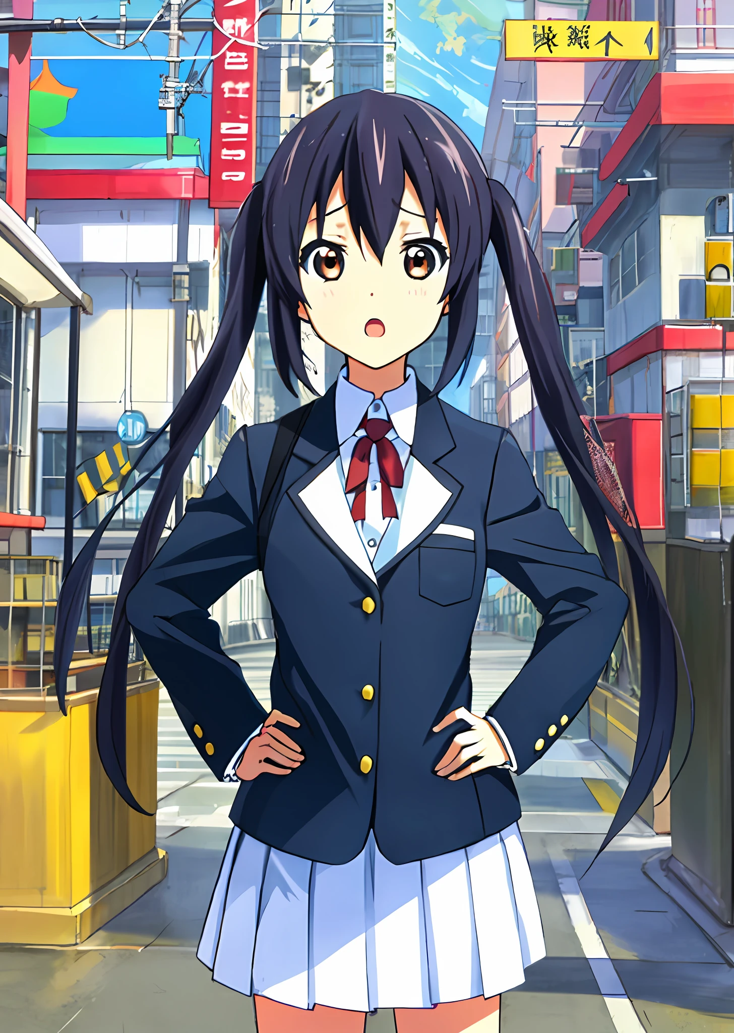 1girl, (((​masterpiece))), top-quality, top-quality, High Details, nakano azusa, 1girl, Sakuragaoka High School Uniform, student clothes, Twin-tailed, length hair, A dark-haired, brown-eyed, 独奏, reddish, Dark blue blazer with thin red ribbon, Solid white buttoned shirt under blazer, illustratio, comic strip, soothing tones, Subdued Color, Soft cinematic light, adobe lightroom, photolab, HDR, intricately and hyper-detailed、(((depth of fields))))。(((​masterpiece)))。(((top-quality))).)((ultra-detailliert)))。(((illustratio)))。(((takeout))).dynamic focus.Medium chest.(((Skyscrapers))).(((A city scape))).(((Face of sadness))). open mouth.(((put hands on the hip))).(((up chest))).