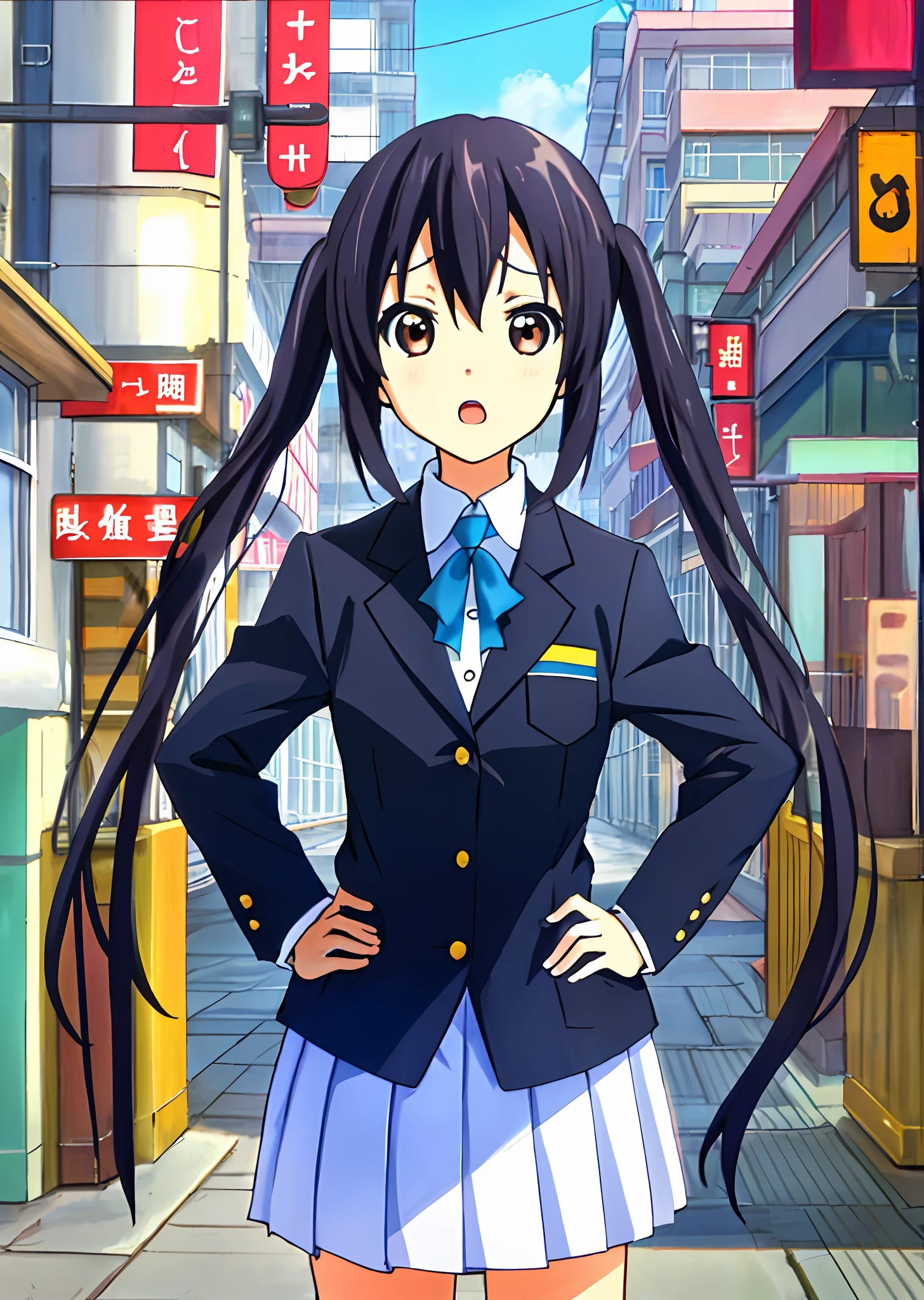 1girl, (((masterpiece))), top-quality, top-quality, High Details, nakano azusa, 1girl, Sakuragaoka High School Uniform, student clothes, Twin-tailed, length hair, A dark-haired, brown-eyed, 独奏, reddish, Dark blue blazer with thin red ribbon, Solid white buttoned shirt under blazer, illustratio, comic strip, soothing tones, Subdued Color, Soft cinematic light, adobe lightroom, photolab, HDR, intricately and hyper-detailed、(((depth of fields))))。(((masterpiece)))。(((top-quality))).)((ultra-detailliert)))。(((illustratio)))。(((takeout))).dynamic focus.Medium chest.(((Skyscrapers))).(((A city scape))).(((Face of sadness))). open mouth.(((put hands on the hip))).(((up chest))).