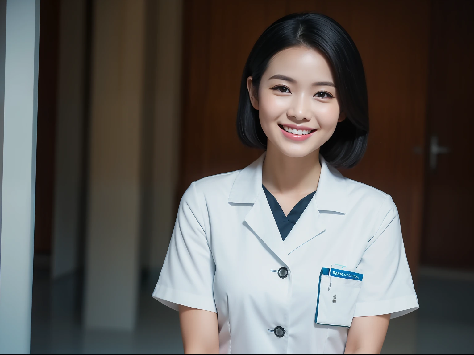nurse, femele, black hair, light smile, Canon, UHD