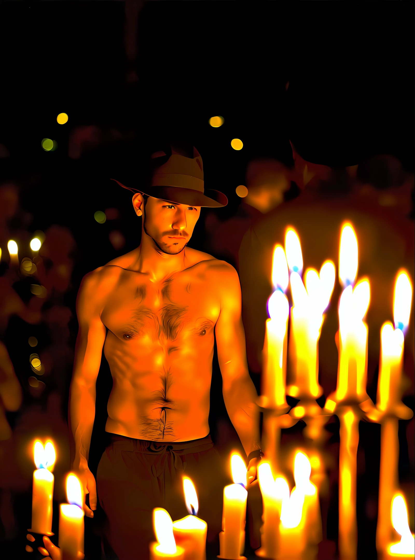 Mysterious man at crossroads, night shirtless, black hat, candles on the side and cane in hand