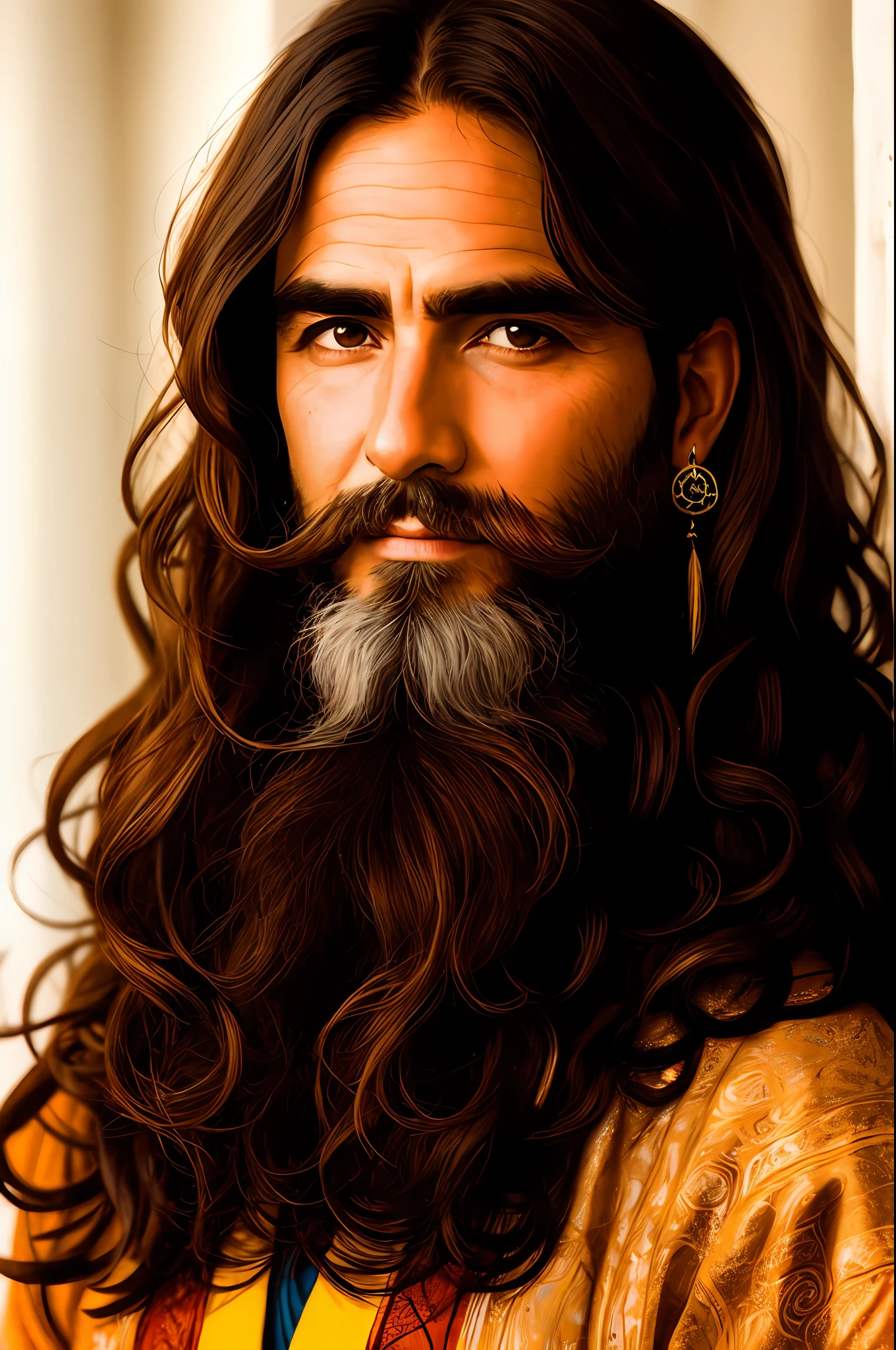 Um senhor de meia idade, cabelos e barbas brancas, Vestido Oracle, A wise guru, Long-haired face facing close-up camera