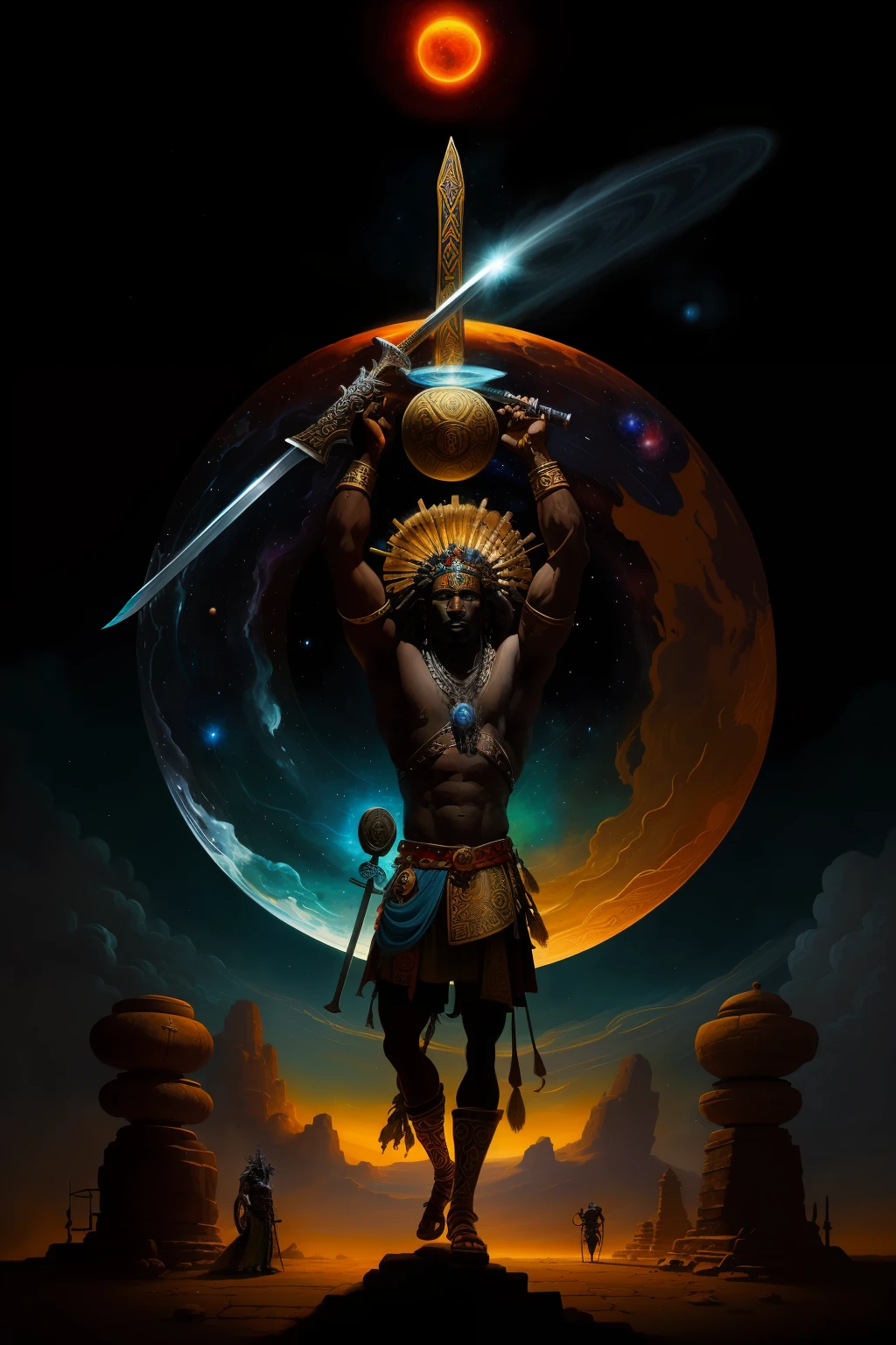 a painting of a man with sword, ancient blacksmith god, a shaman holding up the universe,, african mythology, the god hades,, ancient god,