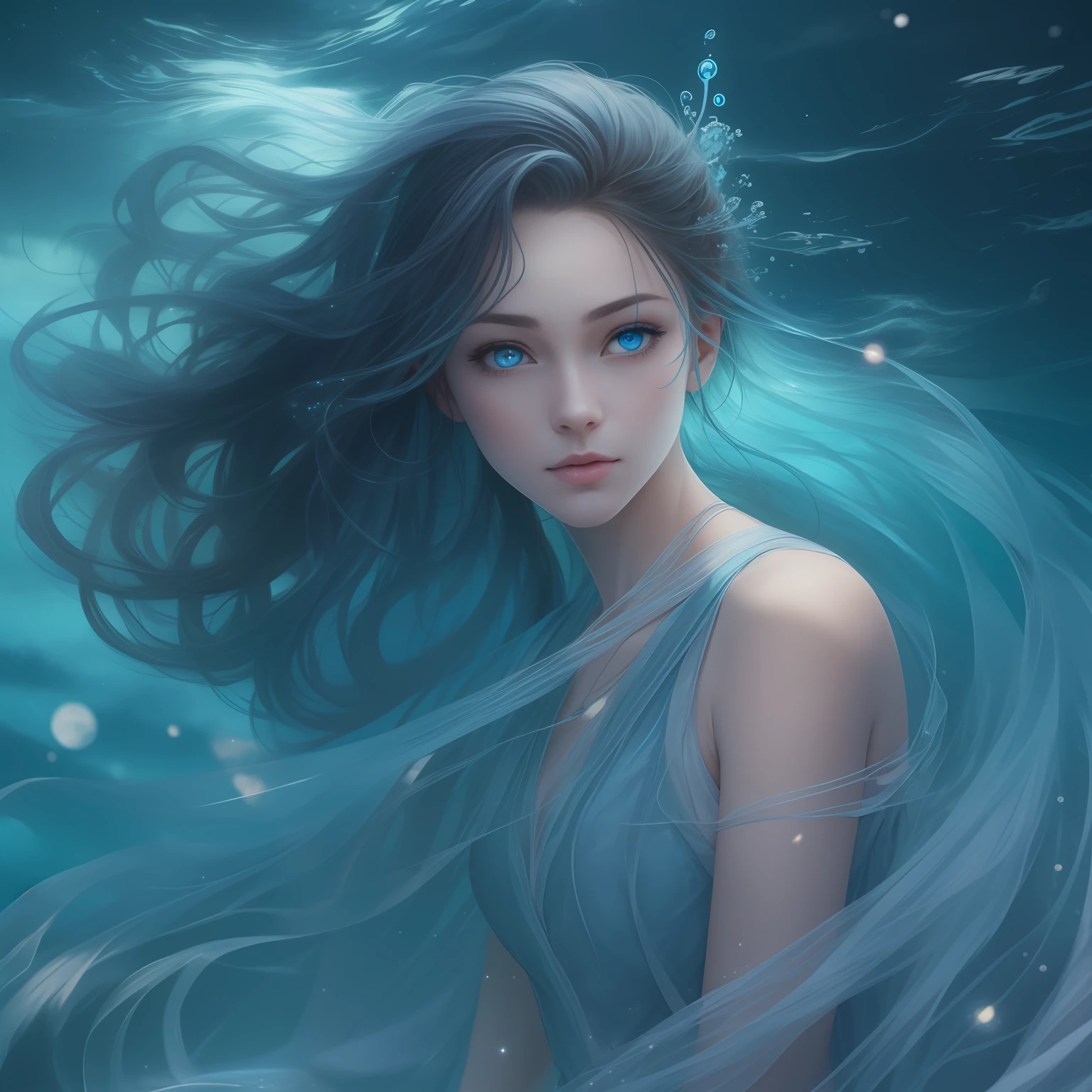 tmasterpiece,Need,1girl(best qualtiy:1.2),(super-fine:1.2),illustratio,(Extremely refined and beautiful:1.2),Movie Angle,floatking,(beatiful detailed eyes:1.1),(Detail light:1.1),电影灯光,Exquisite sky,blue hair,Loose long hair,eBlue eyes,(high ponytails:1.1),cloaks,glowing light eyes,(Behind the seawater:1.3),starrysky,(Light particles:1.1),wave,sketching,blooms,{Beautiful Meticulous Girl},Beautiful and delicate halo,detailed lighting,detail water,with long bangs,eyebrows very,(a blue dress:1.3),White yarn,longer sleeves
