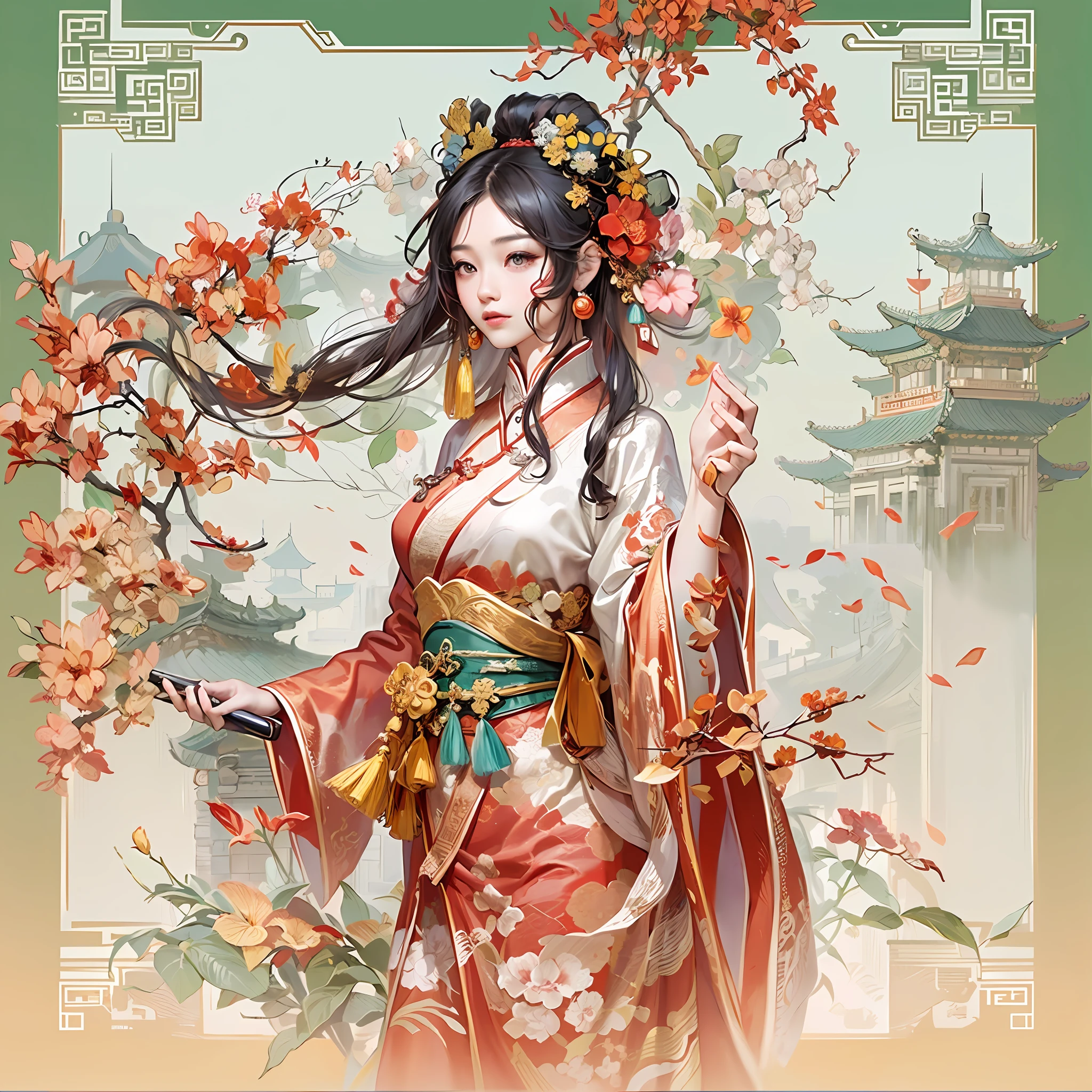 (China - Chic Chinese girl, Oriental elements),(China - chic illustration:1.5, Vector painting:1.5),(Chinese colors, senior color matching,White Gradient background),(Very detailed, reasonable design, Clear lines, Details,High sharpness,best quality, detailed details, masterpiece, official art, movie lighting effects, 4K )