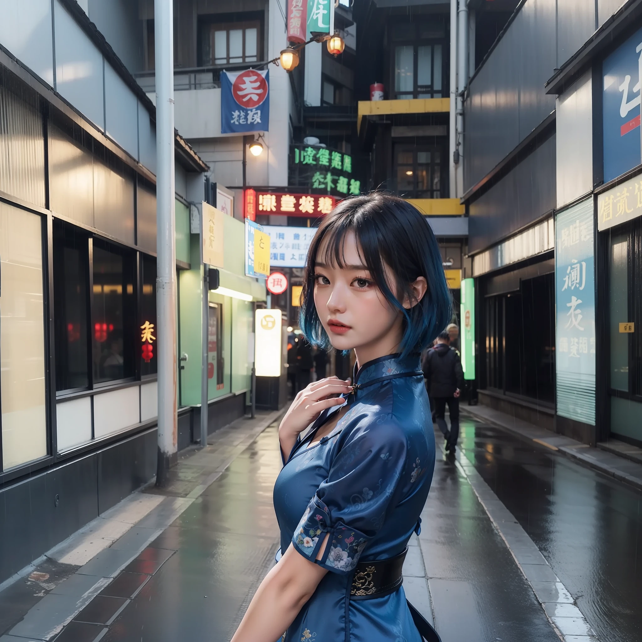 bluer hair:1.2,Short hair,femele,Ancient Chinese street scene,Rainy days,The blue cheongsam is tight and flares the chest high and split high,Satin,Full body image holding a sword