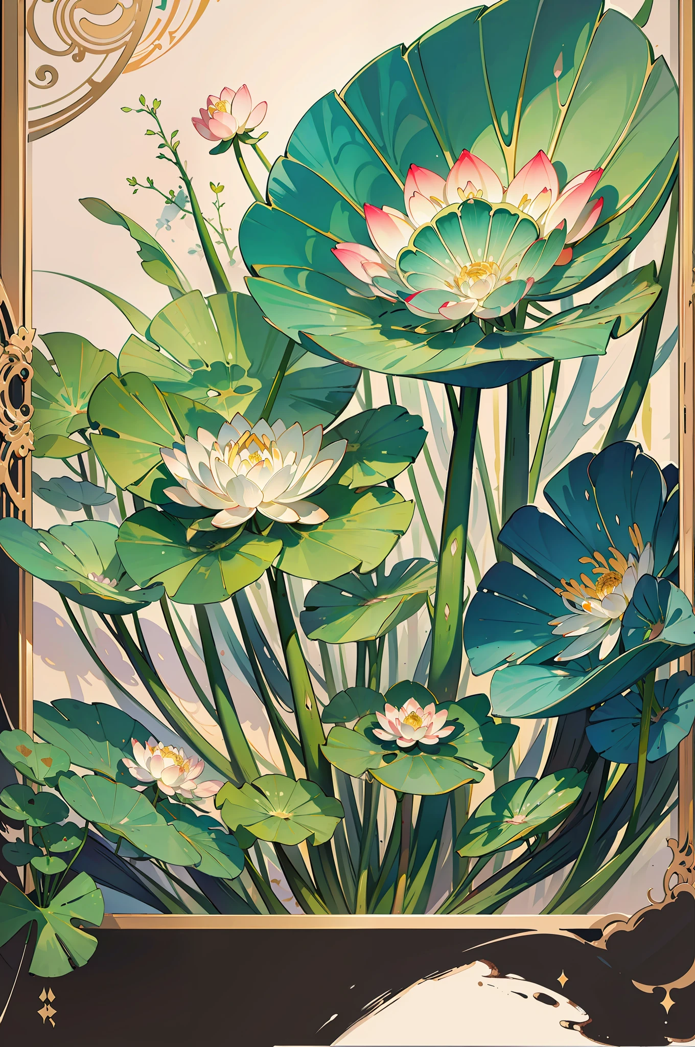 Big lotus leaves, lotus flowers, ink painting style, clean colors, ink style, smudging, decisive cutting, white space, freehand, masterpiece, super detailed, epic composition, high quality, highest quality, lotus fairy, ancient style, Dunhuang flying sky