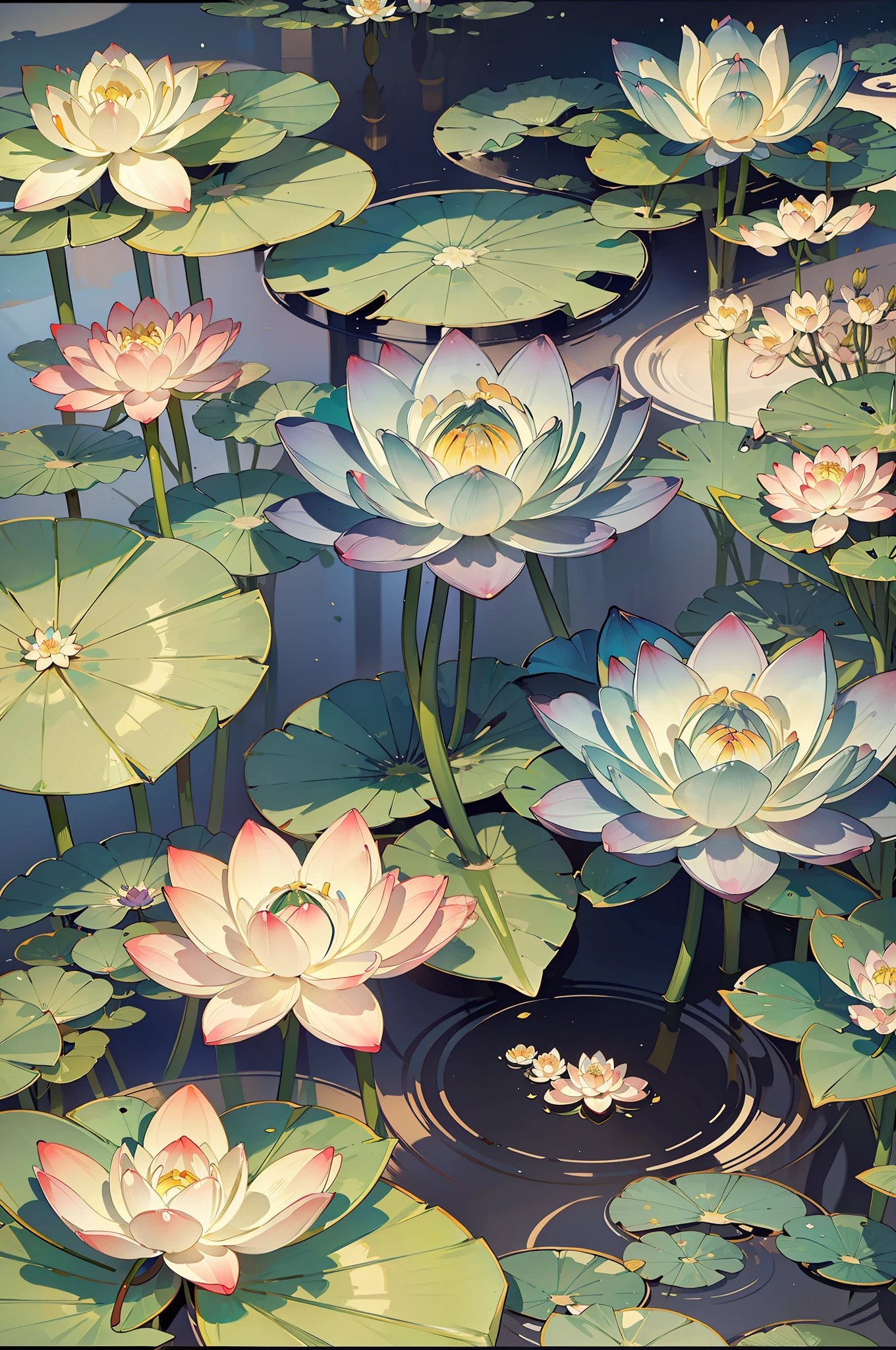 Big lotus leaves, lotus flowers, ink painting style, clean colors, ink style, smudging, decisive cutting, white space, freehand, masterpiece, super detailed, epic composition, high quality, highest quality, lotus fairy, ancient style, Dunhuang flying sky