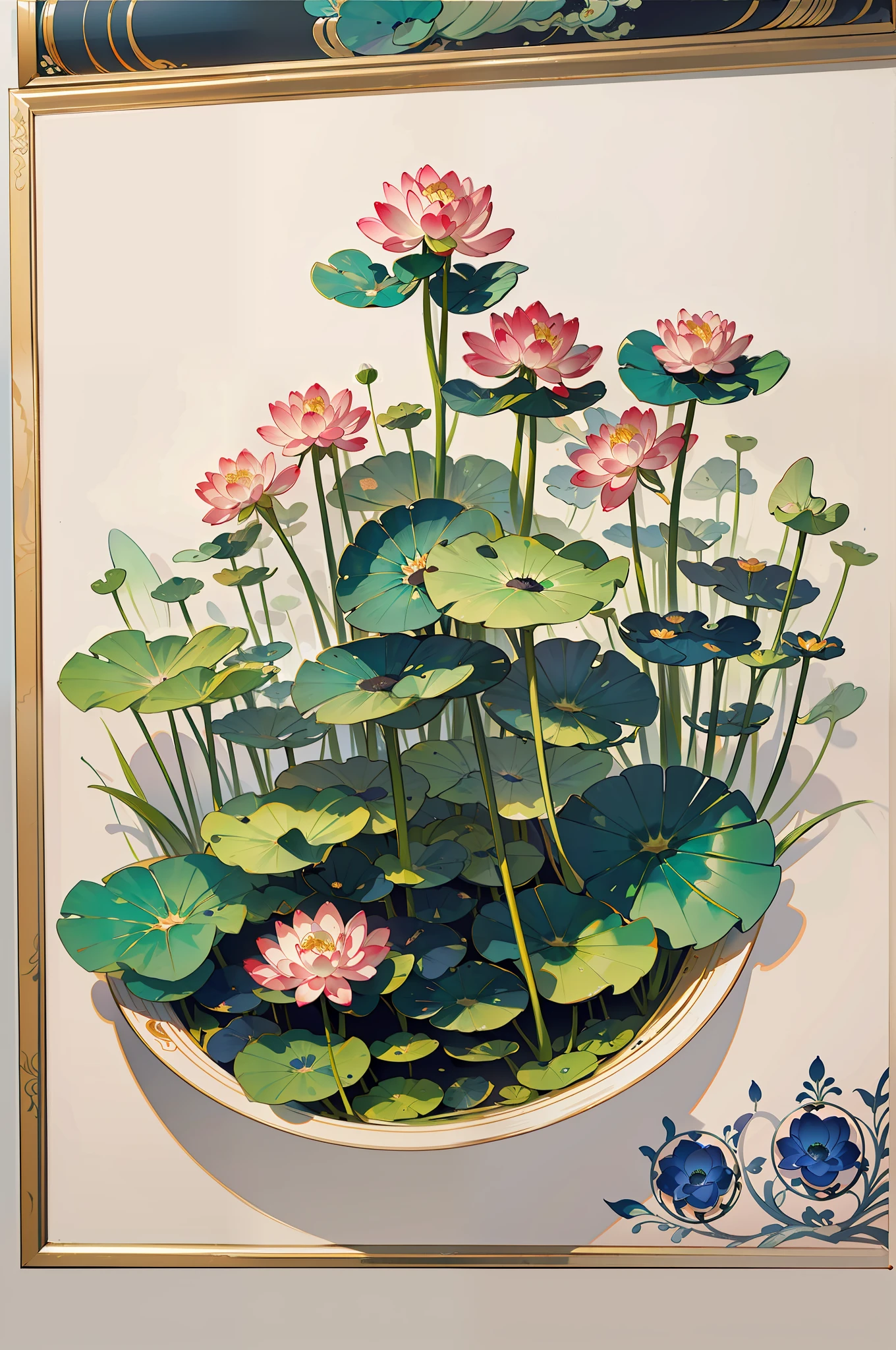 Big lotus leaves, lotus flowers, ink painting style, clean colors, ink style, smudging, decisive cutting, white space, freehand, masterpiece, super detailed, epic composition, high quality, highest quality, lotus fairy, ancient style, Dunhuang flying sky