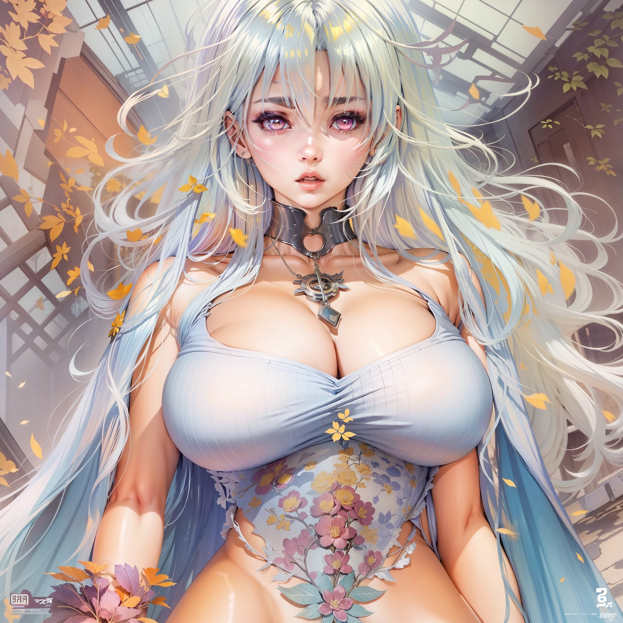 a close up of a woman in a dress with a large breast, (showing panty) (almost naked), full body, full color manga cover, style of masamune shirow, manga comic book cover, by Masamune Shirow, white haired deity, inspired by Masamune Shirow, doujin, japanese comic book, full color manga visual style, manga cover style, manga cover, ecchi