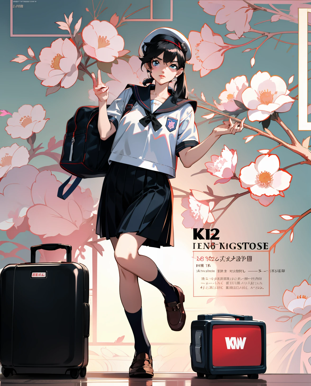 schoolgirls，delicated face，Vintage berets，double-ponytail，blue color eyes，ssmile，Backpack in hand，Japanese preppy style,Camellia color，JK small leather shoes， JK school uniform, Vintage black and white TV，magazine photograph, （Japanese text 1.5），best qualtiy，tmasterpiece，8k wallpaper