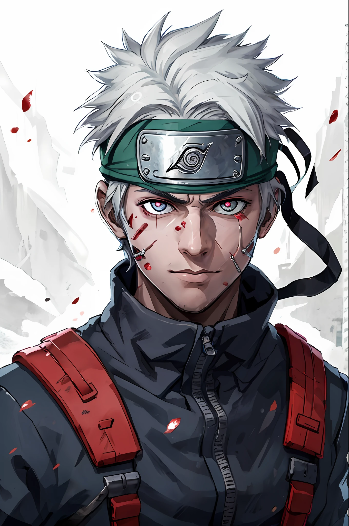 kakashi, 1boy, solo, foco masculino, brilhante, olho esquerdo vermelho, heterocromia, olhando para o espectador, olho brilhante, sangue, cicatriz, ninja, olhos brilhantes, sangue no rosto, cicatriz no rosto