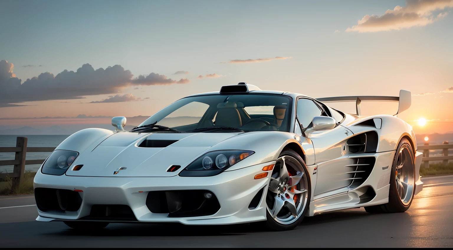 White Ferrari F50 、Ride gracefully on endless roads、Towards the sunset. The evening sun bathes the surroundings with warm light, While the driver firmly grips the steering wheel. The scene exudes speed, Elegance and tranquility、Eta、Shows the beauty of the moment.