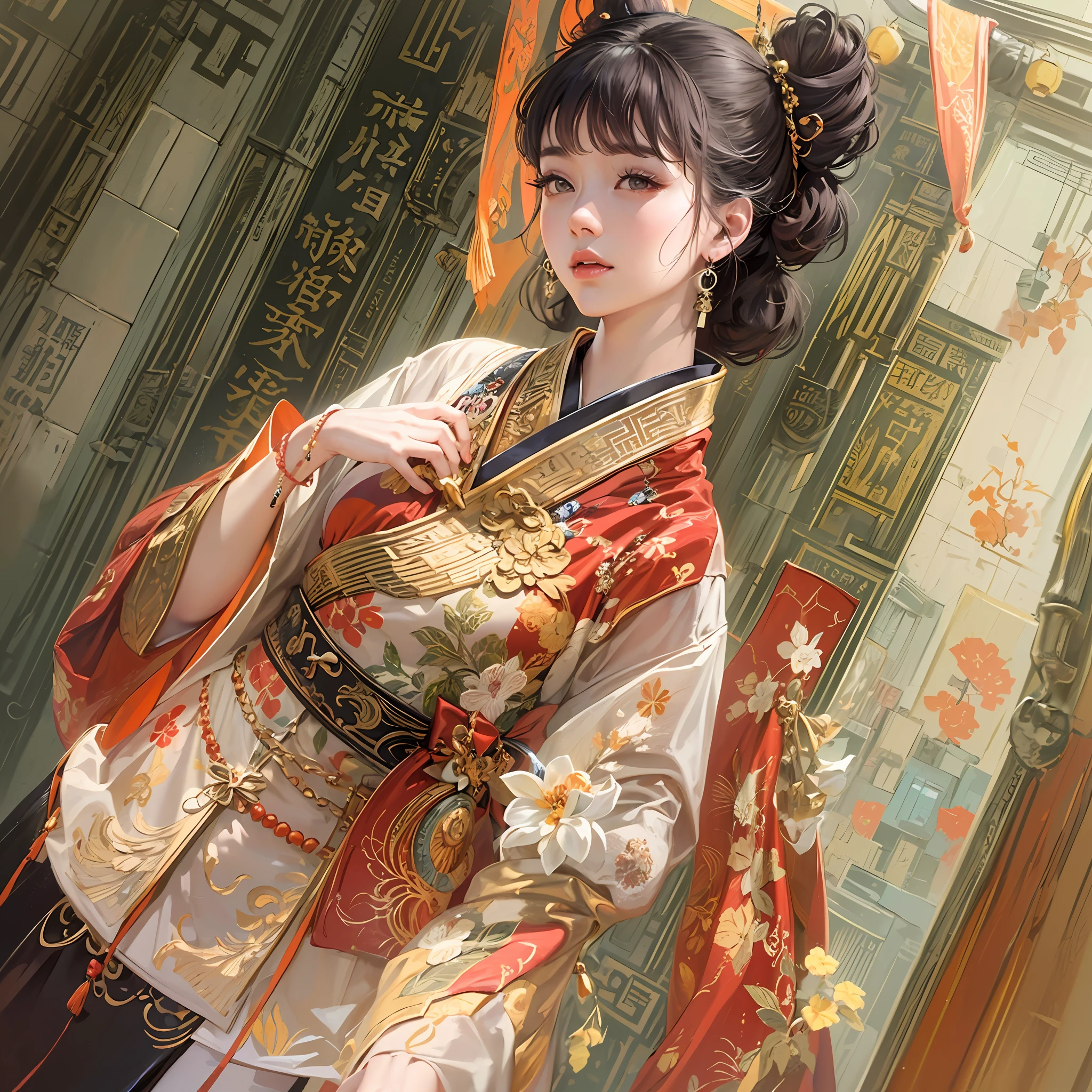 (China - Chic Chinese girl, anatomically correct,hand on own stomach,Oriental elements),(China - chic illustration:1.5, Vector painting:1.5),(Chinese colors, senior color matching,Gradient background,White background),(Very detailed, reasonable design, Clear lines, Details,High sharpness,best quality, detailed details, masterpiece, official art, movie lighting effects, 4K )