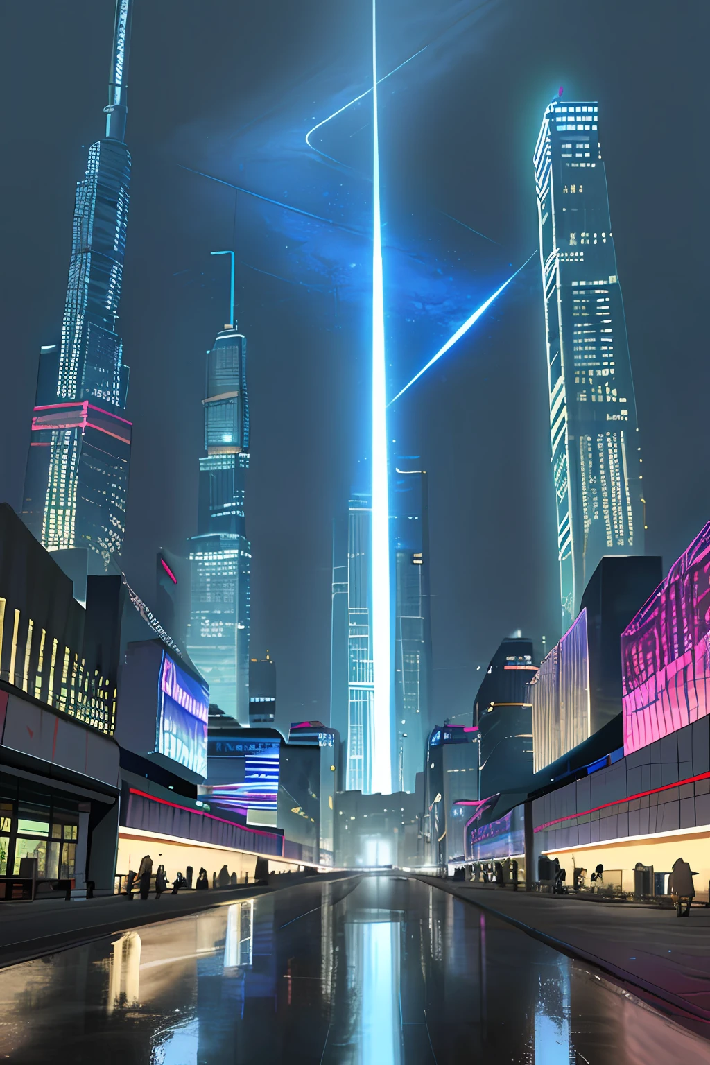 Future city streets,Tall buildings on the left and right sides enter the clouds,people walking on the street,There are flotators flying in the air,scifi style,real picture quality