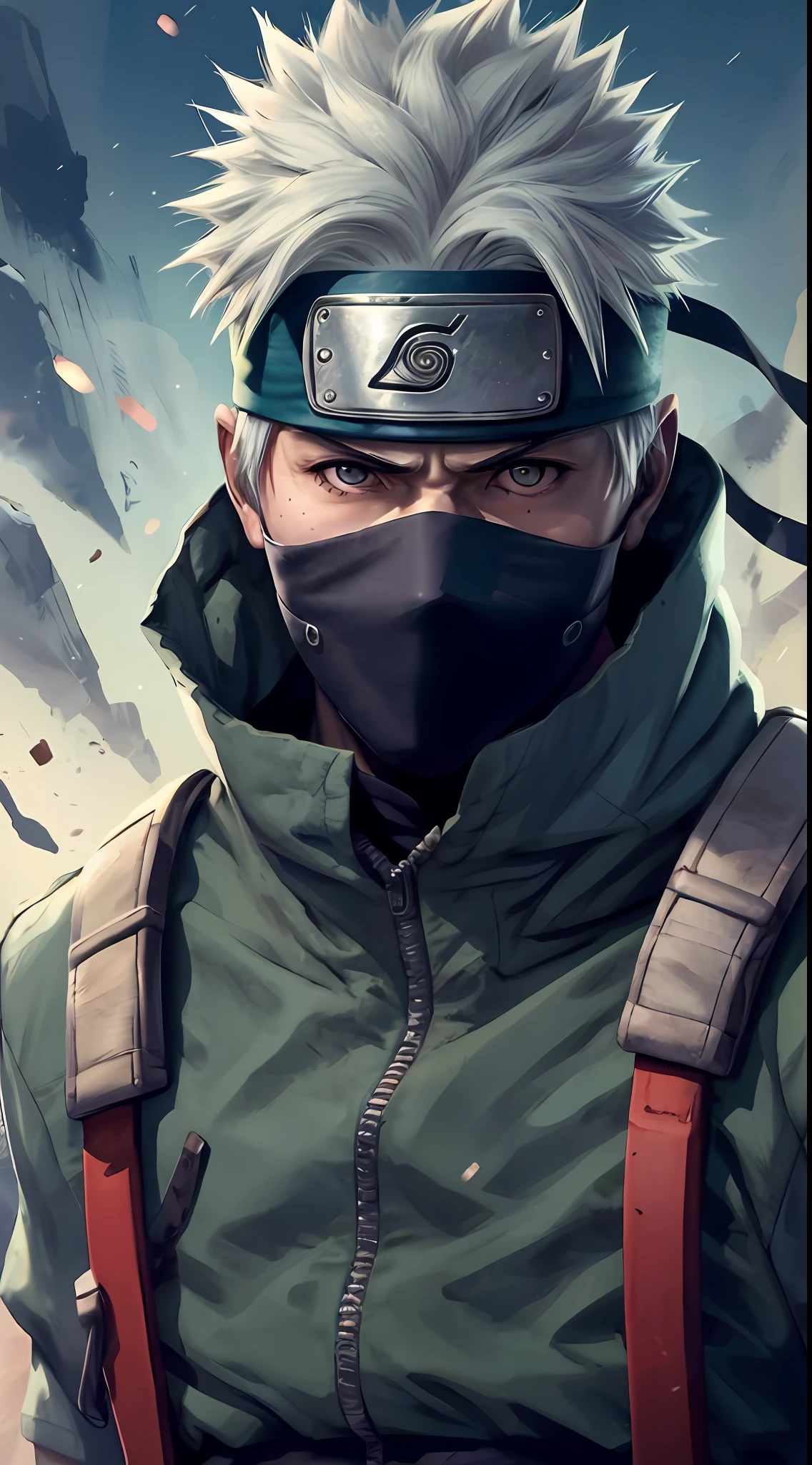 kakashi, 1boy, foco masculino, solo, brilhante, olho esquerdo vermelho, ninja, arma, olhos brilhantes, segurando, olhando para o espectador, luvas sem dedos, luvas, segurando arma, espada, luvas pretas