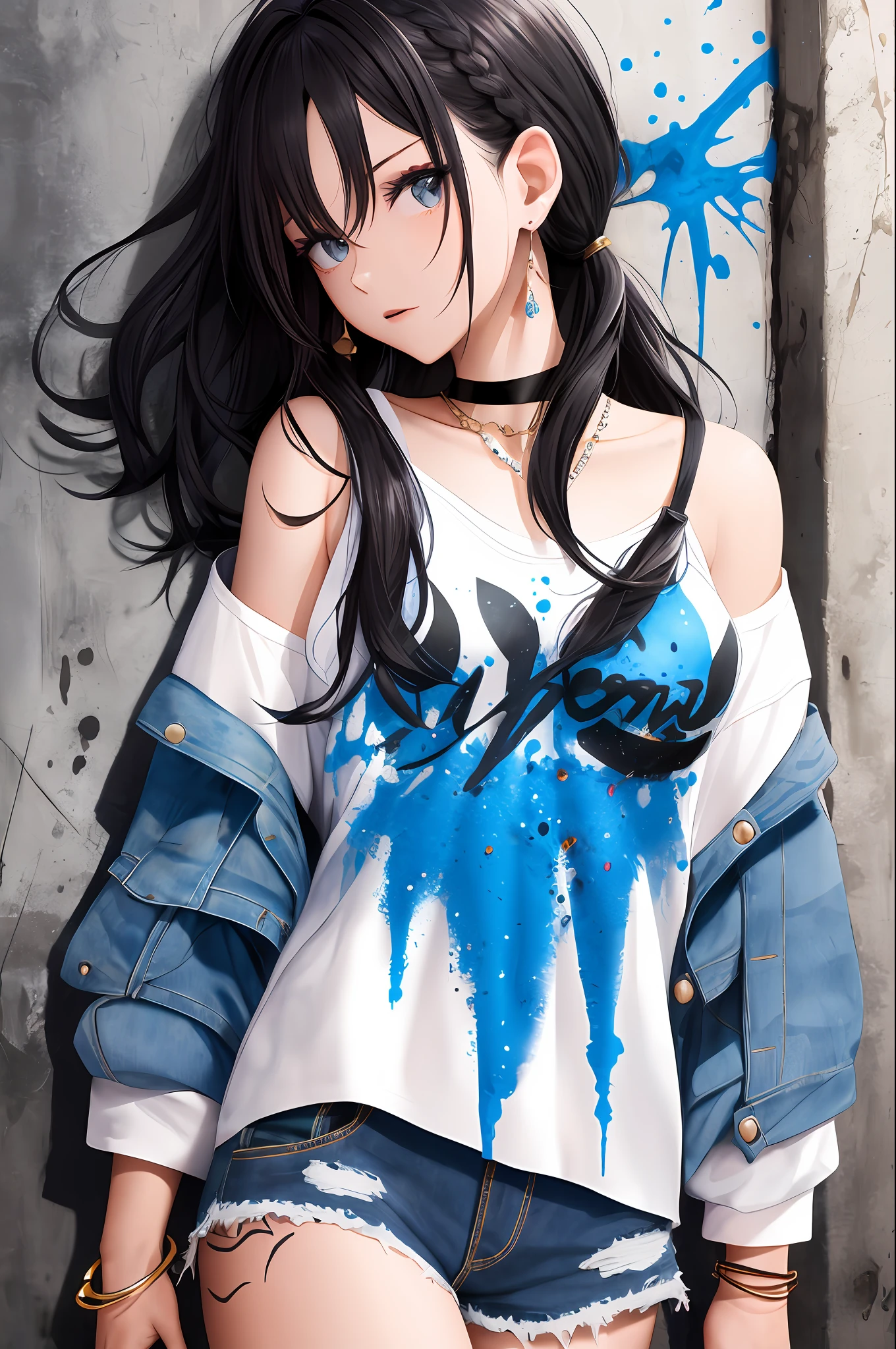 absurderes， Best quality at best，Back alley，Artist spray painted walls， 1girll， 独奏， Striped hair， Crop tops， denim short， choker necklace， （scribbles：1.5）， paint splatter， Behind the arm， （Slouching）， leaning backward， against a wall， （leaning to the side：0.25）， looking at viewert， armlets， thigh band， Striped hair， Body paint， Upturned eyes， Head down， headtilt， （From the side Side：0.75）， Nudy， （face expressionless：0.75）