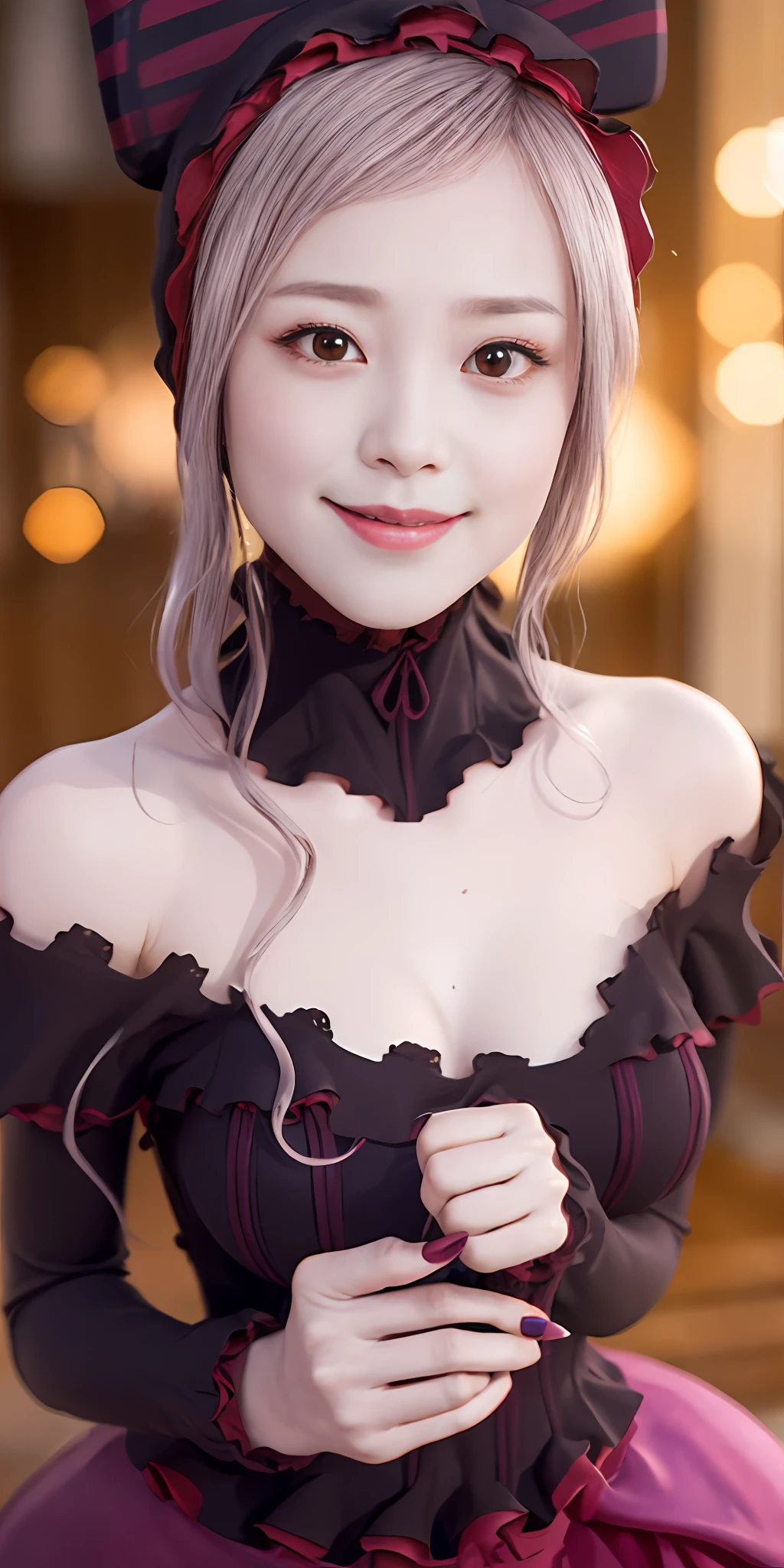 , top-quality, ShalltearV4, 1girl in, 独奏, doress, frilld, the bow, Hair Bow, tusk, Bewitching smile, pale-skinned, Shines, radiant eyes, portraitures