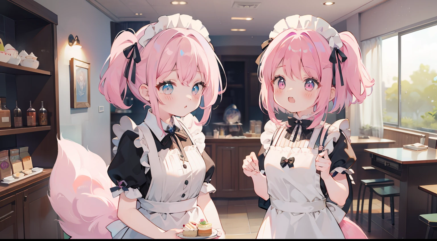 One girl、Pink hair、​masterpiece、top-quality、Top image quality、cute little、Side tail、maid clothes、Maid Cafe、Carry dishes、panic