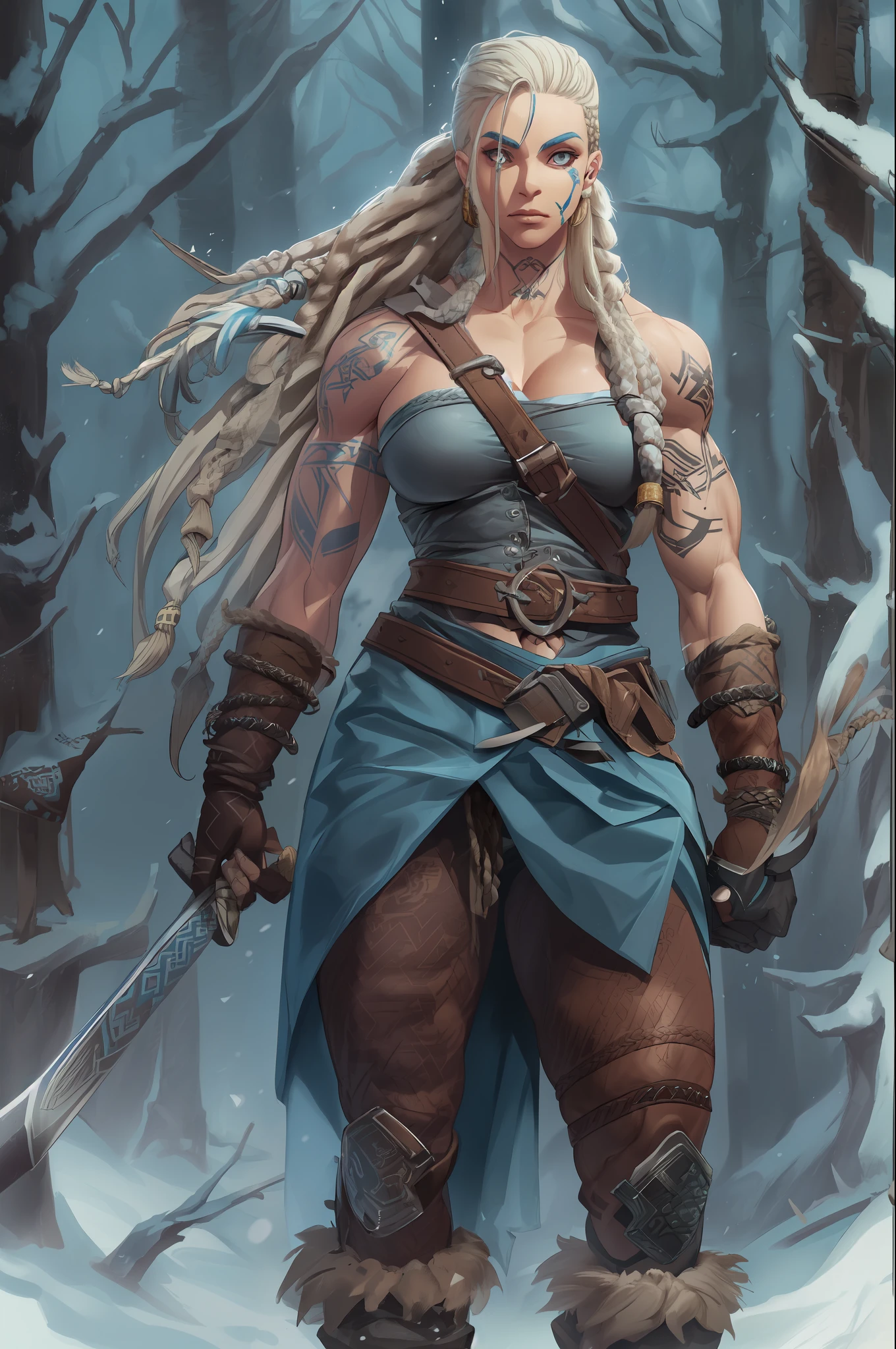 Female viking, (young:1.2), (muscular:1.2), fit, wearing brown furs and hides, (wearing furs:1.3) (blue norse tattoos:1.2), blue eyes, platinum blonde hair, (Dreadlocks:1.7), (Dreads:1.4), (Sideshave:1.4), warrior hair, Setting is a Scandinavian forest in winter, snow, bare arms, exposed naval, (abs:1.2). Highly detailed, norse, berserker, arm muscles, leg muscles, (bulky:1.2), leather straps, (large breasts:1.3), waist up, wide waist, stocky, (tall:1.4)