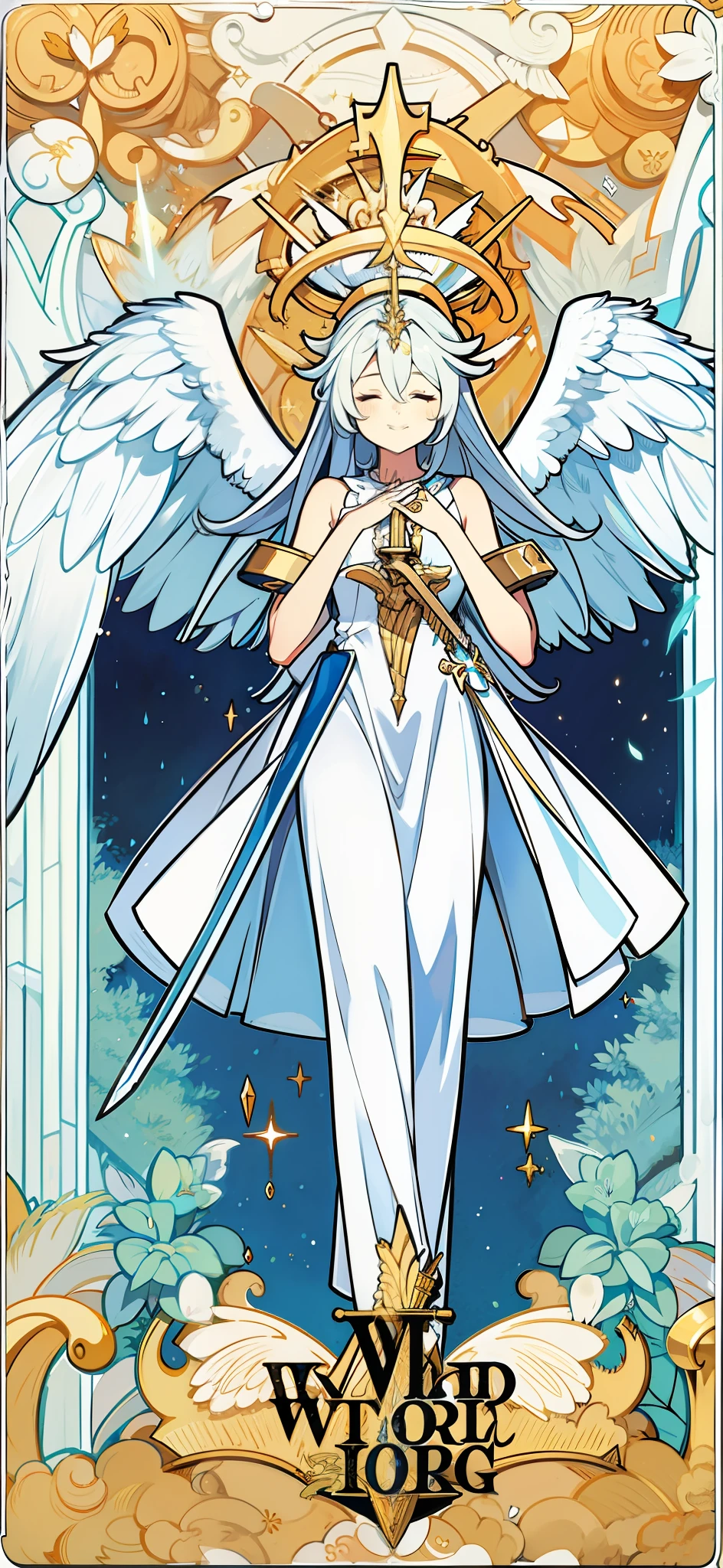 Angel girl with wings，Spread your wings，Take a sword，with a halo on his head，Holy and solemn，Sword in both hands，Close both eyes，ssmile，long whitr hair，mature，Best image quality