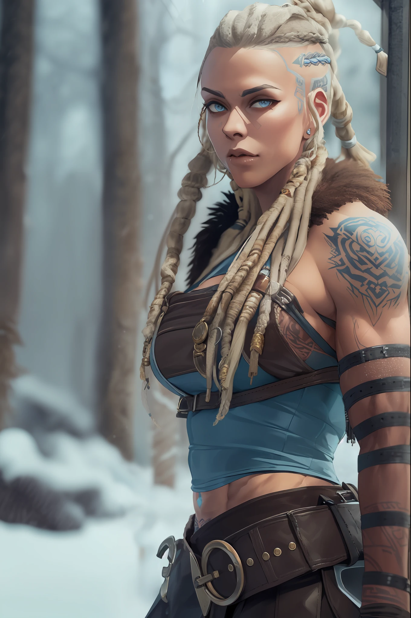 Female viking, (young:1.2), (muscular:1.2), fit, wearing brown furs and hides, (wearing furs:1.3) (blue norse tattoos:1.2), blue eyes, platinum blonde hair, (Dreadlocks:1.7), (Dreads:1.4), (Sideshave:1.4), warrior hair, Setting is a Scandinavian forest in winter, snow, bare arms, exposed naval, (abs:1.2). Highly detailed, norse, berserker, arm muscles, leg muscles, (bulky:1.2), leather straps, (large breasts:1.3), waist up, wide waist, stocky, (tall:1.4)