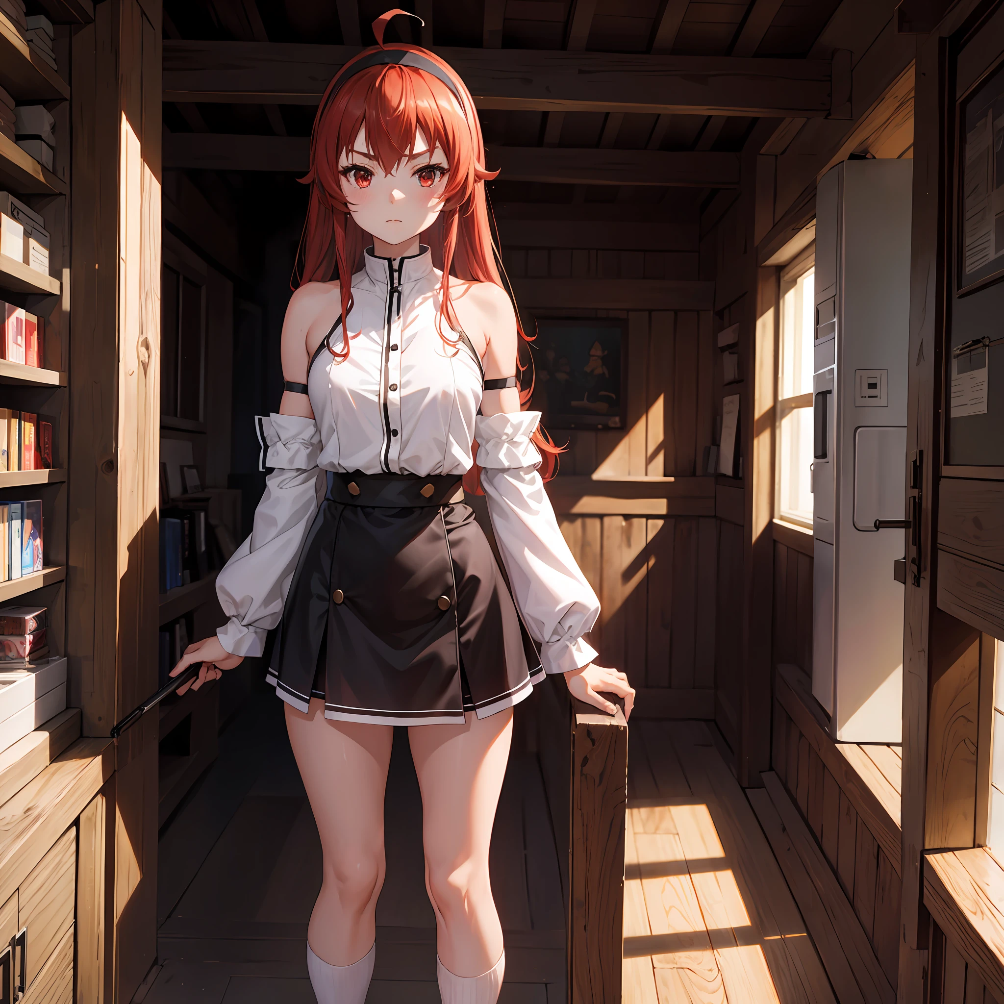 Liss Greyrat, 1girl, Ahoge, bangss, bare shoulders​, black hairband, Brown skirt, a closed mouth, Clothes Cutout, arms folded, hair between eye, shairband, length hair, long-sleeve, Look at viewers, red eyes, red hairs, Shoulder clippings, simple background, Black shorts,beauty legs　 独奏, Hi-Res, Harm, mushoku tensei　grass field　randome pose　small tits　 student　small stature