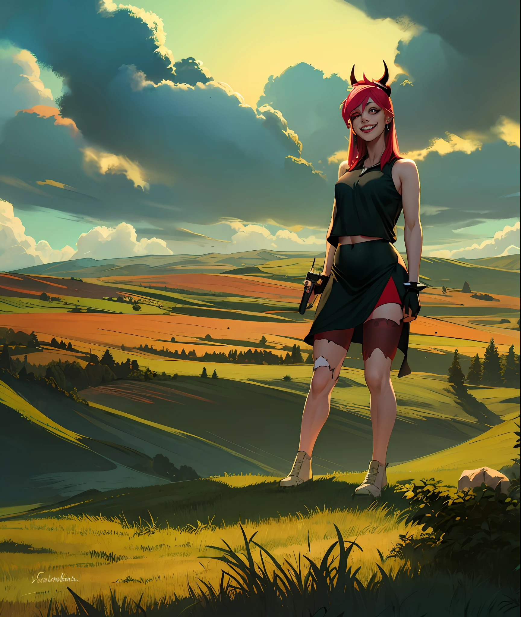 there is a woman standing on a rock with a camera, giantess, highly detailed giantess shot, extremely detailed giantess shot, giantess shot, demencia, evil grin, looking at viewer, hands raised, yellow eyes, striped, cut out dress, sleeveless, dress,(((exposed midriff))),stomach, horns, thighhighs, fingerless gloves, jewelry, bracelet, spikes, wearing a dress,