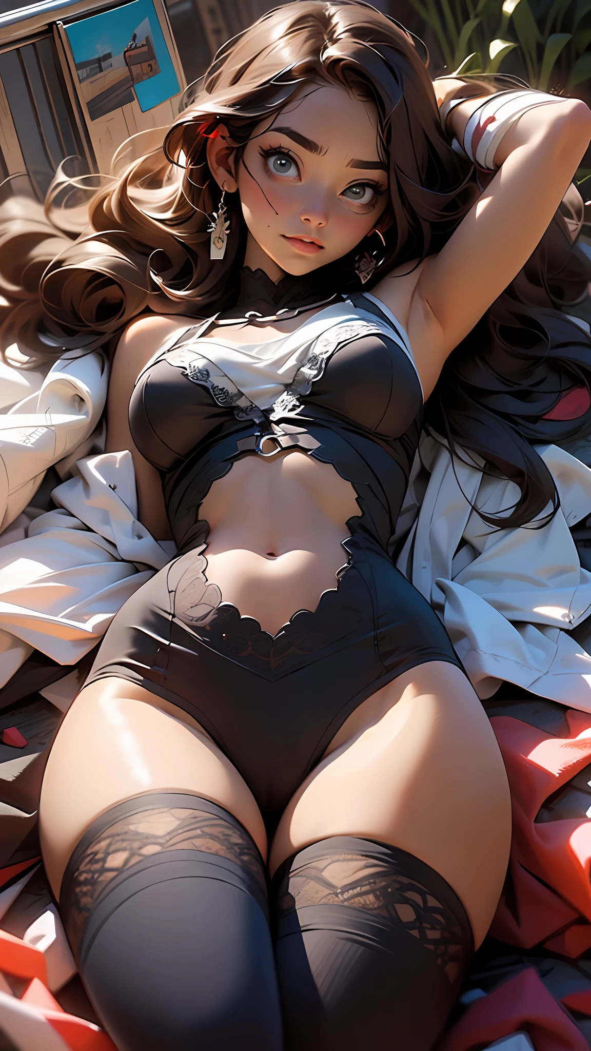 ((Realistic lighting, Best quality, 8K, Masterpiece: 1.3)), Clear focus: 1.2, 1girl, Perfect body beauty: 1.4, Slim abs: 1.1, ((Dark brown hair, Big breasts: 1.3)), (Wearing ultra-thin red lace underwear: 1.4, gray stockings: 1.2,), (Outdoor, night: 1.1), City streets, Super fine face, fine eyes, double eyelids, hands on the head, lying on the bed.