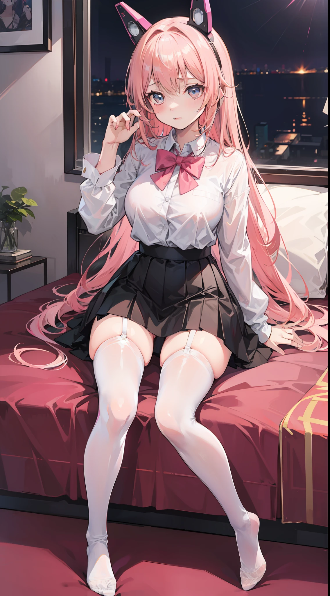 Masterpiece((tmasterpiece)),((White cropped mini shirt)),((black micro skirt)),((White transparent stockings)),(No shoes on),adolable,Raised sexy,is shy,(Long pink)Hair,red bowtie,(head gear)