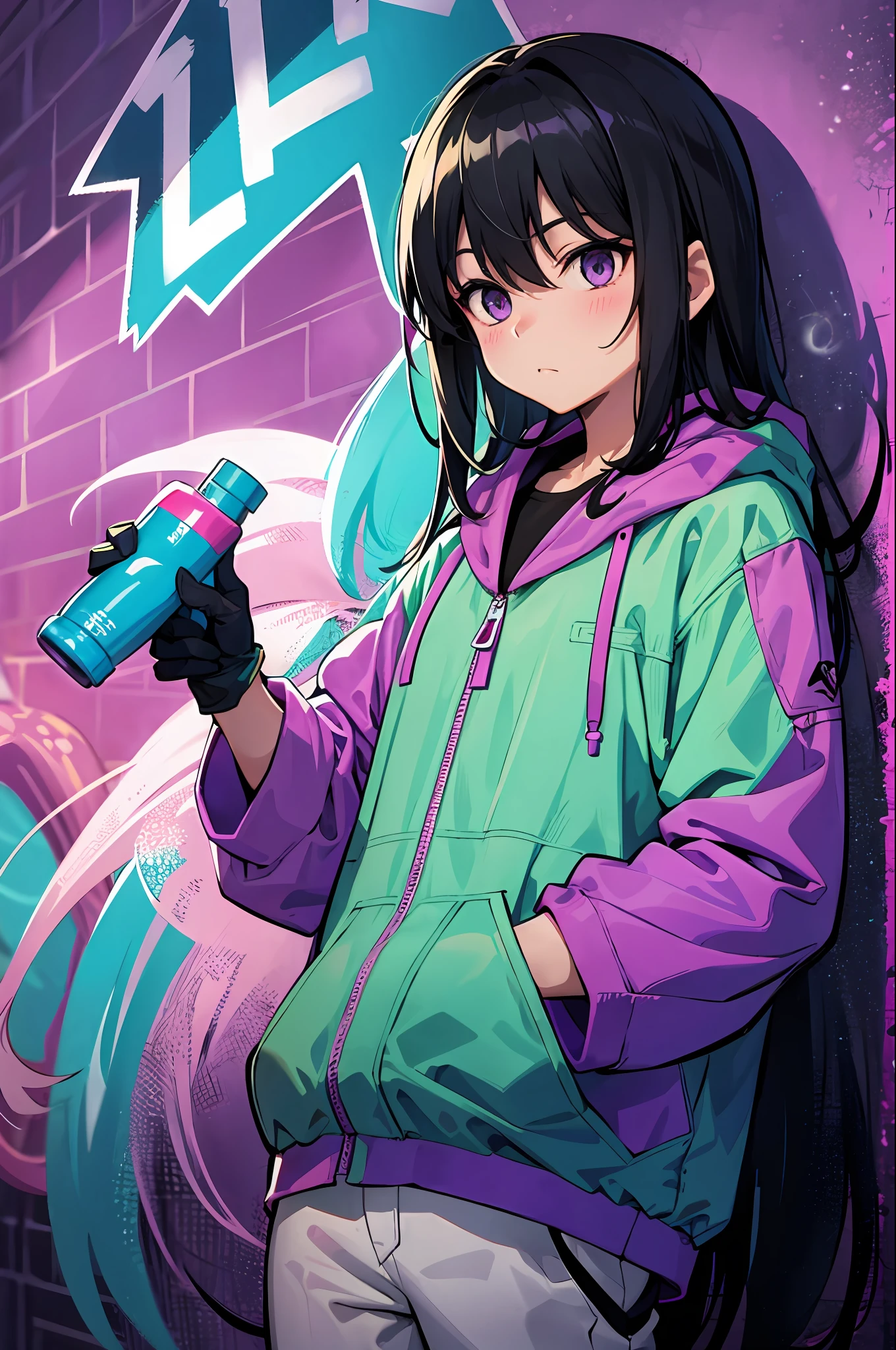 ,a cartoon image of someone wearing purple gloves and standing by a purple wall, in the style of nightcore, spray paint, kozo yokai, mr. doodle, dappled, solarizing master, made of all of the above