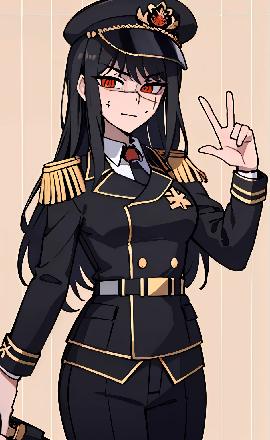 (masterpiece, best quality: 1.2), Solo, 1girl, Yoru \(Chainsaw Man\), looking at the viewer, different poses, red eye, long hair, completely black hair, reference to clothing of a German WWII general, black long sleeves (best quality), scar on face, beautiful eyes, has only 2 arms, has war medals on his clothes, Black Military Cap, Golden Eagle Medal on Clothing, (Wallpaper), (8K HD), (8K HD), Golden Shoulder Pads, Sprites, 1 Single Design (masterpiece, best quality: 1.2), Solo, 1girl, Yoru \(Chainsaw Man\), looking at the viewer, smile, happy, different poses, red eye, long hair, completely black hair, reference to clothing of a German WWII general, black long sleeves (best quality), scar on face, beautiful eyes, has only 2 arms, has war medals on his clothes, black military cap, golden eagle medal on clothing, (wallpaper), (8K HD), (8K HD), (8K HD), golden shoulder pads, sprites, 1 single design