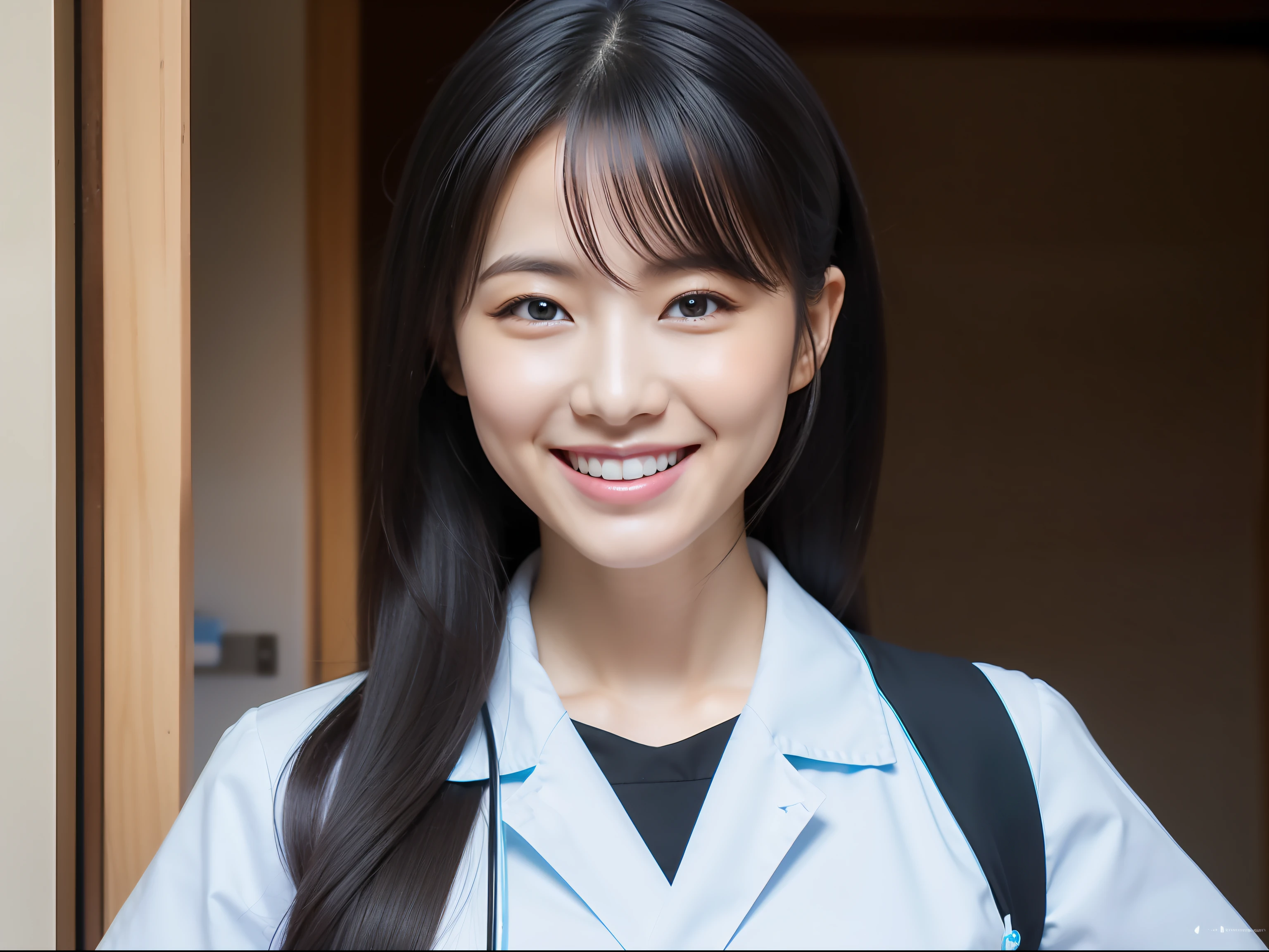 nurse, femele, japanes, black hair, light smile, Canon, UHD