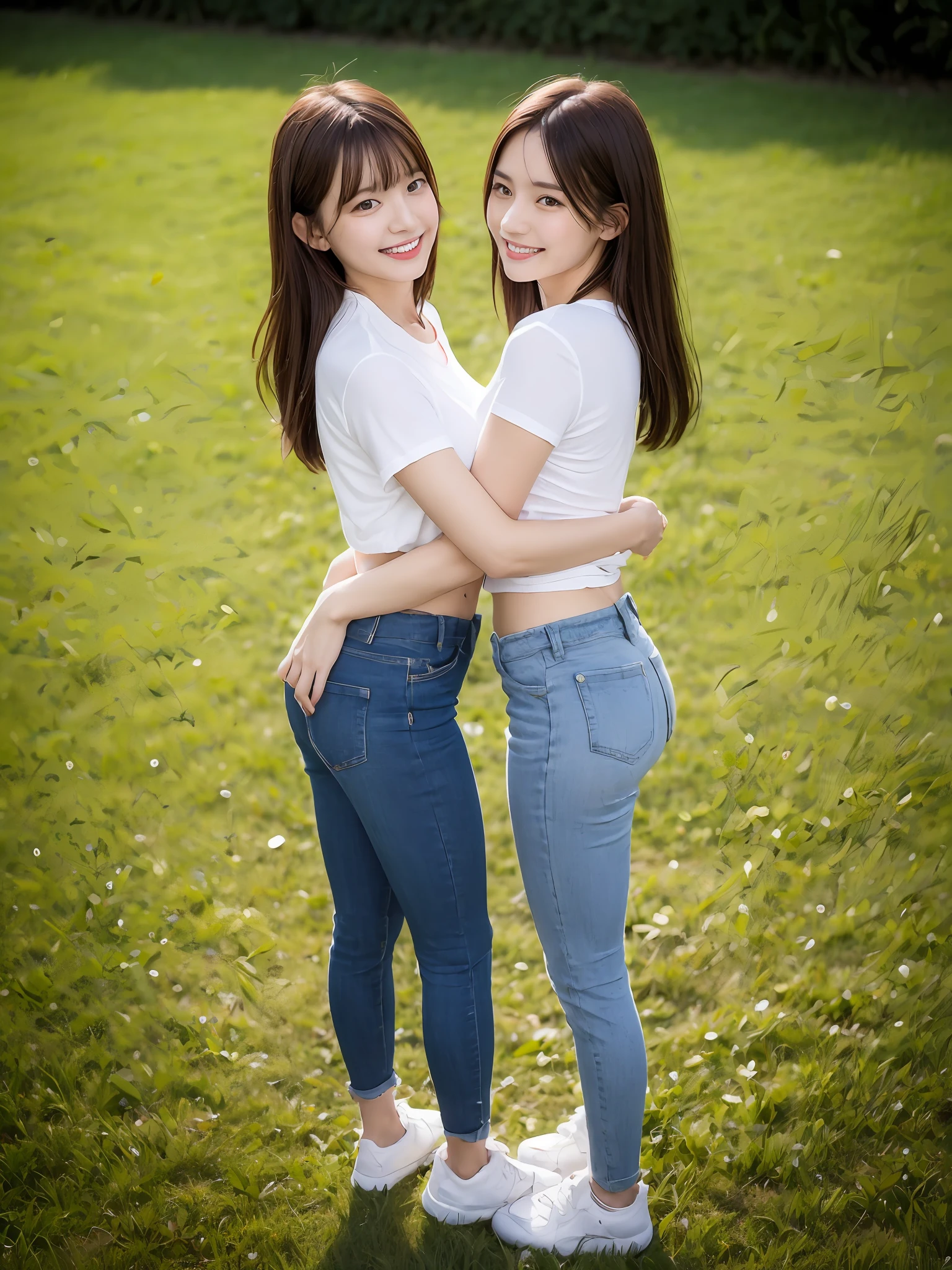 (超高分辨率,RAW photogr,realisticlying,tmasterpiece,best qualtiy:1.4),Complicated details,2 20 year old Korean girl,dressed in(Crop top blue T-shirt)and skinny jeans,Stand on the grass and take pictures,hugs,Intimate relationships,Detailed meadow,A sweet smile on a small face,Ultra-realistic facial details,The face and skin are pink and white, and luminous,Playful and coquettish pose,The calves are straight and slender:1.2,Wear high-end brand sneakers:1.0,eventide:0.3,Broad lighting,naturalshadow:1.0,超高分辨率,taken from behind,Shows slim waist and hips,taking a full body photo:1.8 --auto