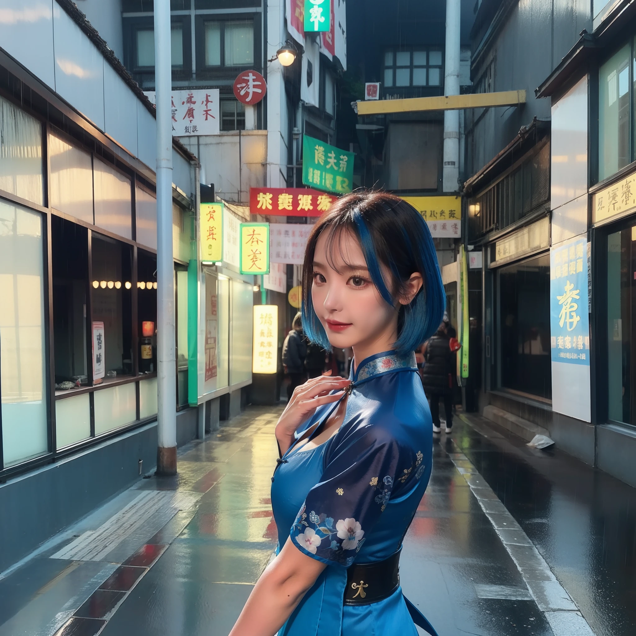 bluer hair:1.2,Short hair,femele,Ancient Chinese street scene,Rainy days,The blue cheongsam was tight，Bare chest，The skirt is split off，Satin,Full body image holding a sword