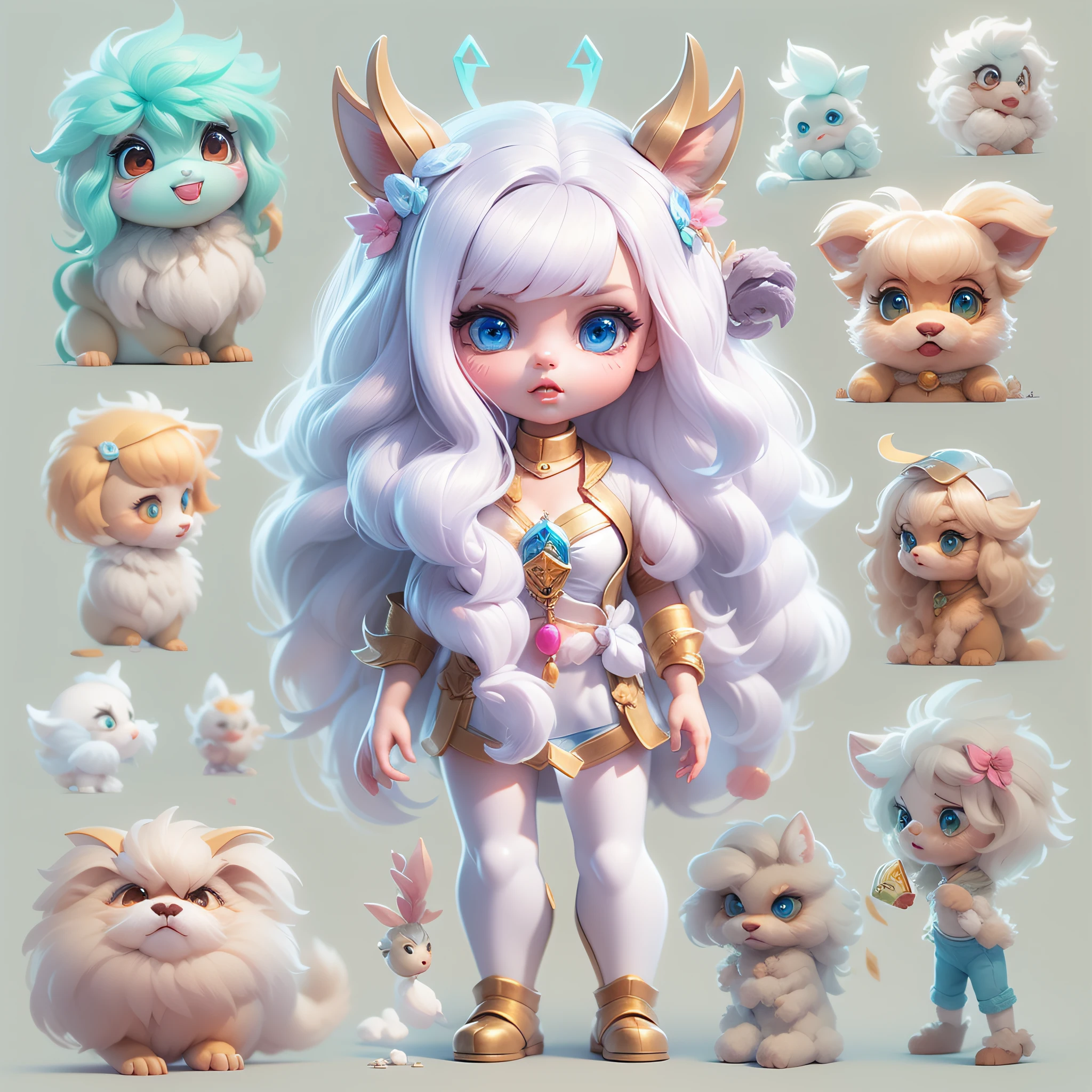 Masterpiece,High Quality,High resolution,The highest resolution,White background,solid color background,transparent background,no background,remove background,Complicated details,Highest quality,game icon,game icon institute,cartoon_style,full body,Cute Fluffy Barbie Monster,all separated