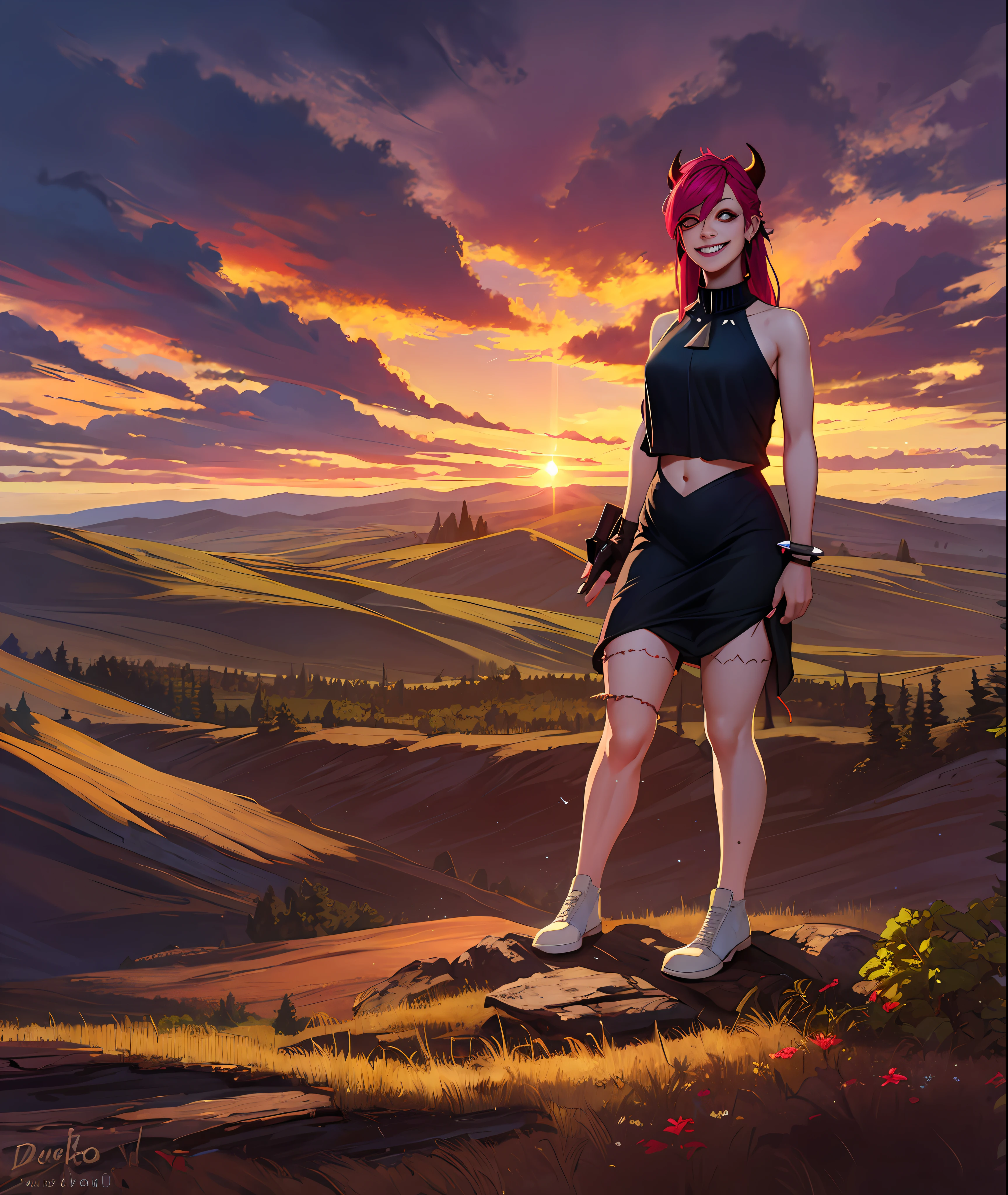 there is a woman standing on a rock with a camera, giantess, highly detailed giantess shot, extremely detailed giantess shot, giantess shot, demencia, evil grin, looking at viewer, hands raised, yellow eyes, striped, cut out dress, sleeveless, dress,exposed midriff, stomach, horns, thighhighs, fingerless gloves, jewelry, bracelet, spikes, wearing a dress,