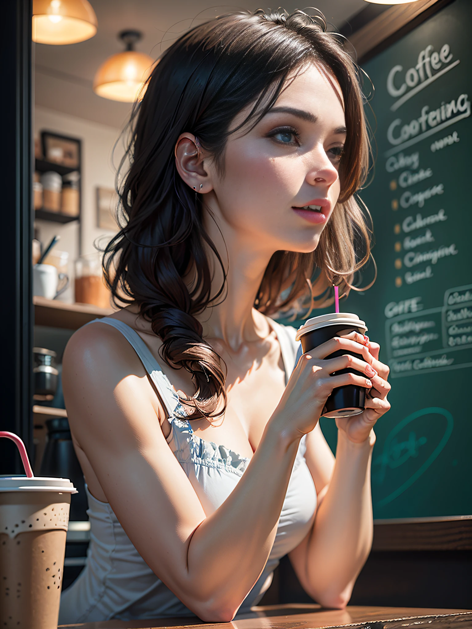 impactful composition, gotejamento (neon: 0. 4) (coffee shop: 0. 4) (respingo de calor: 0. 4) pintura em toda a forma de um ser humano feminino, Woman drinks a coffee, realista, alto detalhe, fundo branco