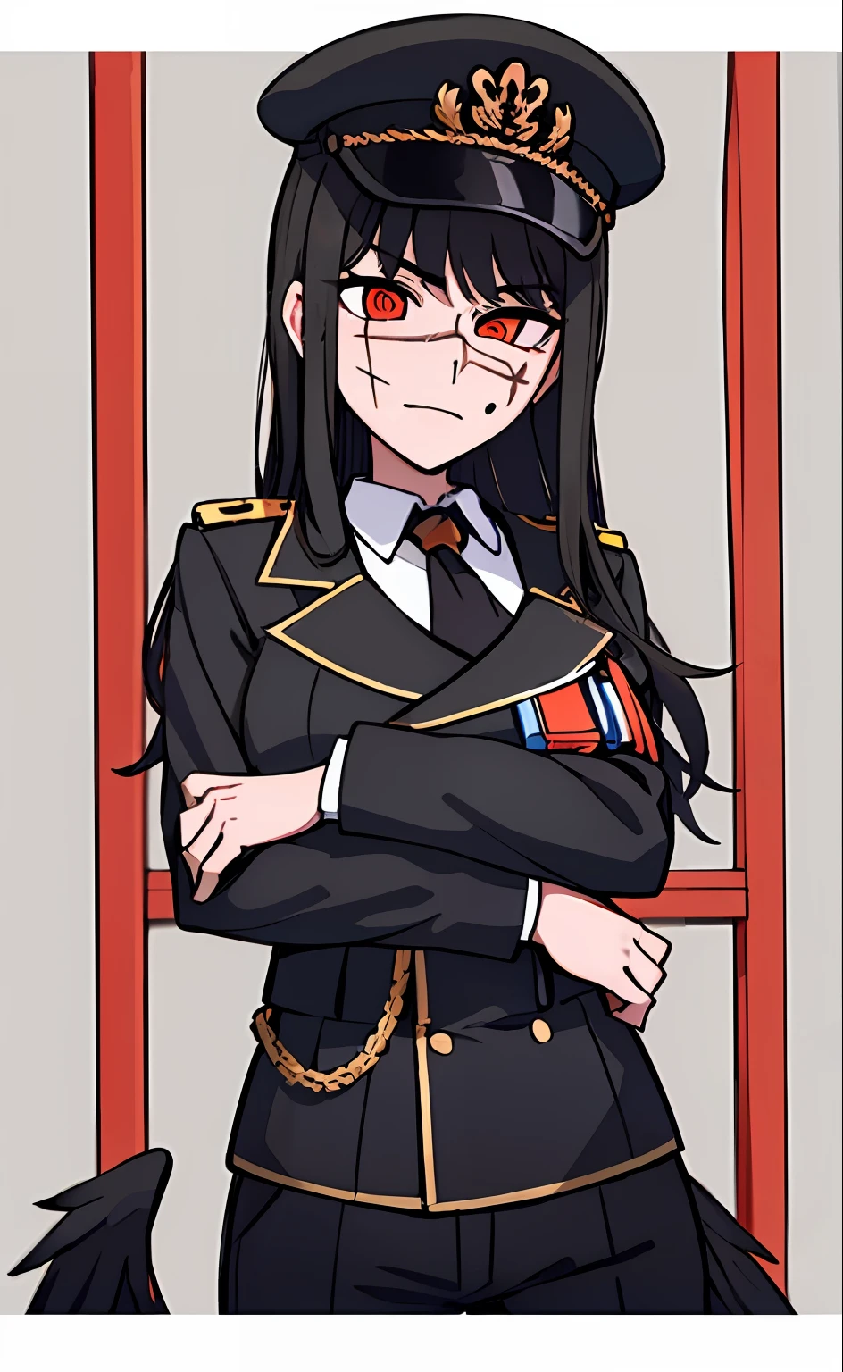 (masterpiece, best quality: 1.2), Solo, 1girl, Yoru \(Chainsaw Man\), looking at the viewer, different poses, red eye, long hair, completely black hair, reference to clothing of a German WWII general, black long sleeves (best quality), scar on face, beautiful eyes, has only 2 arms, has war medals on his clothes, Black Military Cap, Golden Eagle Medal on Clothing,  (Wallpaper), (8K HD), (8K HD), Golden Shoulder Pads, Sprites, 1 Single Design (masterpiece, best quality: 1.2), Solo, 1girl, Yoru \(Chainsaw Man\), looking at the viewer, smile, happy, different poses, red eye, long hair, completely black hair, reference to clothing of a German WWII general, black long sleeves (best quality), scar on face,  beautiful eyes, has only 2 arms, has war medals on his clothes, black military cap, golden eagle medal on clothing, (wallpaper), (8K HD), (8K HD), (8K HD), golden shoulder pads, sprites, 1 single design