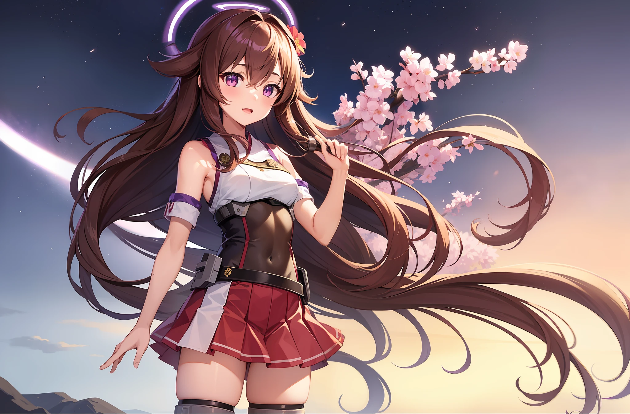 1 girl, solo, Kisaragi from Kancolle, standing, detailed eyes, masterpiece, best quality, full body, small breasts, purple eyes, shiny brown hair, purple flower in hair, tall, long hair, hair between eyes, spartan from halo, BR85HB battle rifle from halo