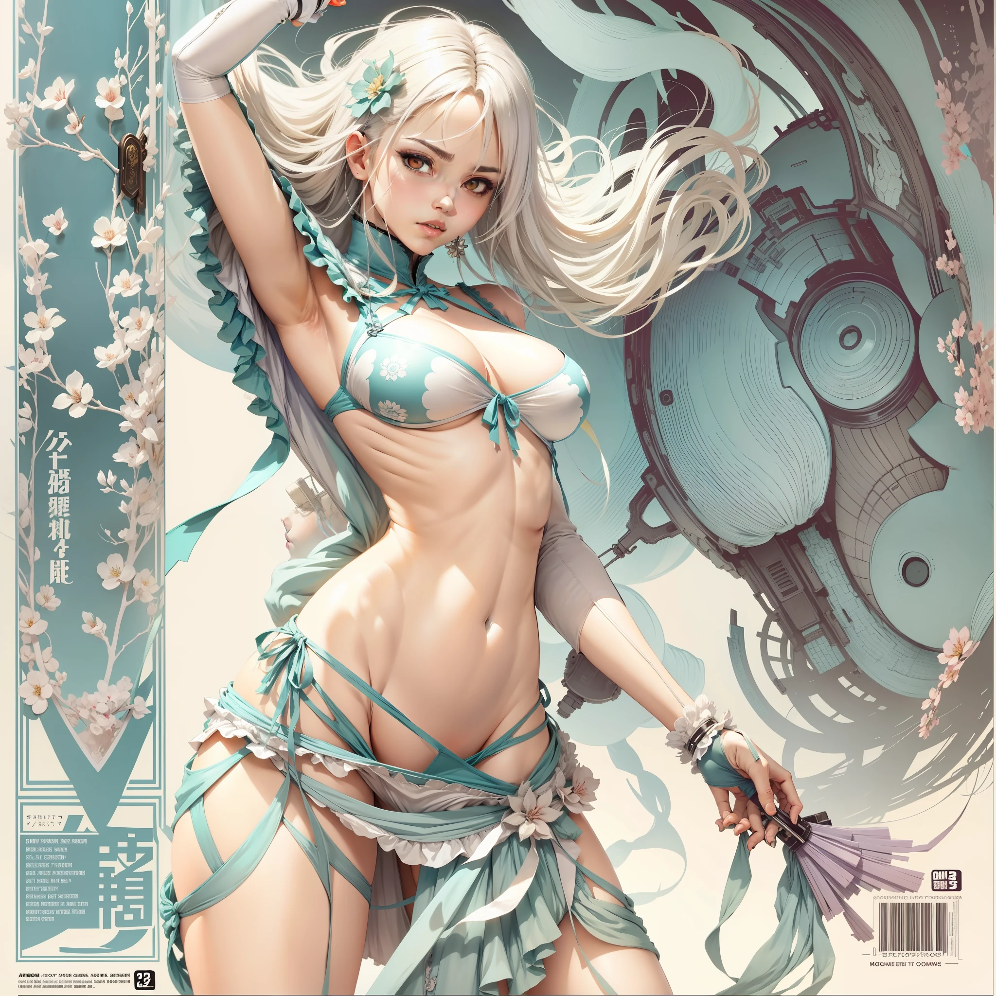 a close up of a woman in a dress with a large breast,((full body)) ((showing panty)) ((almost naked)), full color manga cover, style of masamune shirow, manga comic book cover, by Masamune Shirow, white haired deity, inspired by Masamune Shirow, doujin, japanese comic book, full color manga visual style, manga cover style, manga cover, ecchi