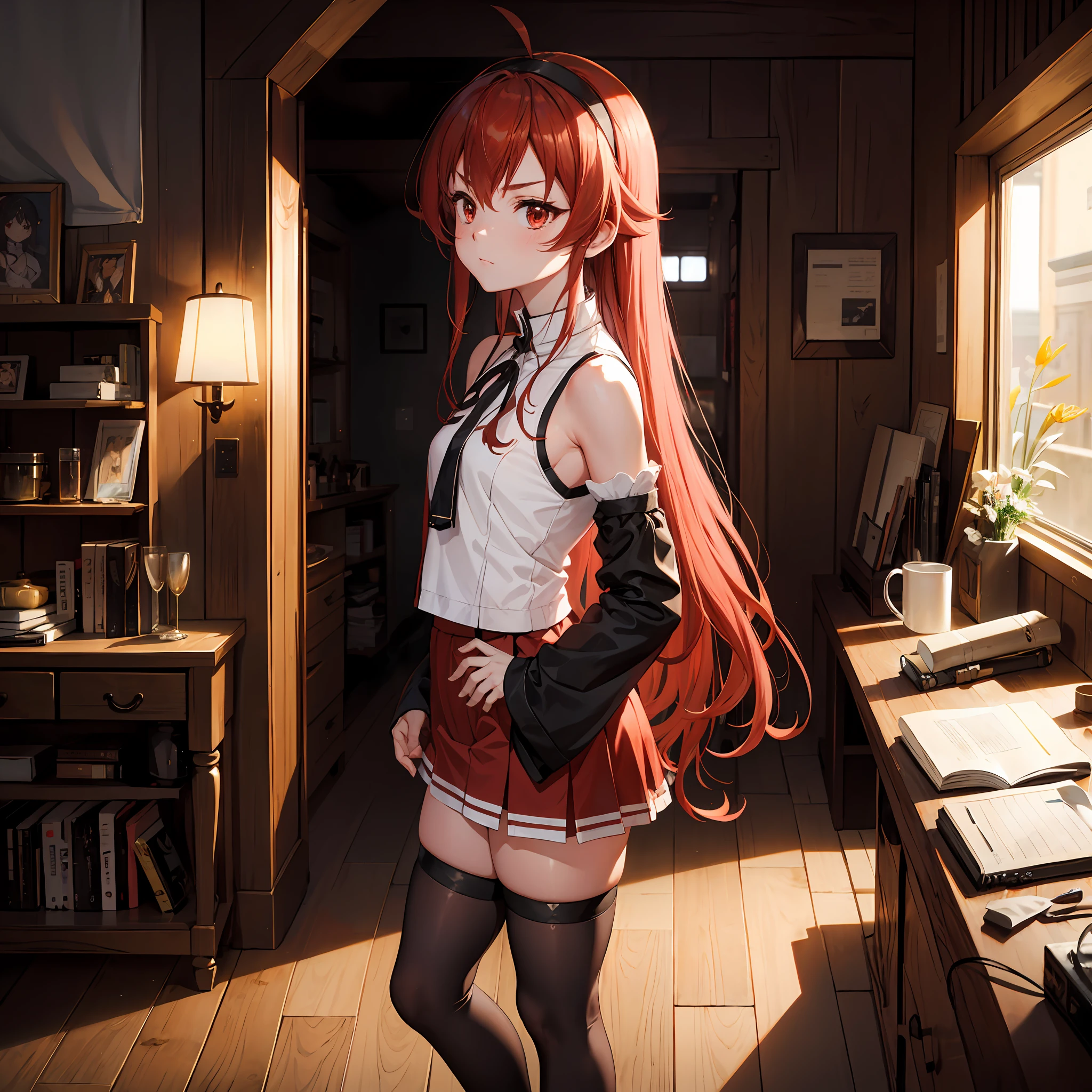 Liss Greyrat, 1girl, Ahoge, bangss, bare shoulders​, black hairband, Brown skirt, a closed mouth, Clothes Cutout, arms folded, hair between eye, shairband, length hair, long-sleeve, Look at viewers, red eyes, red hairs, Shoulder clippings, simple background, Black shorts,beauty legs　 独奏, Hi-Res, Harm, mushoku tensei　grass field　randome pose　small tits　15yo student　small stature