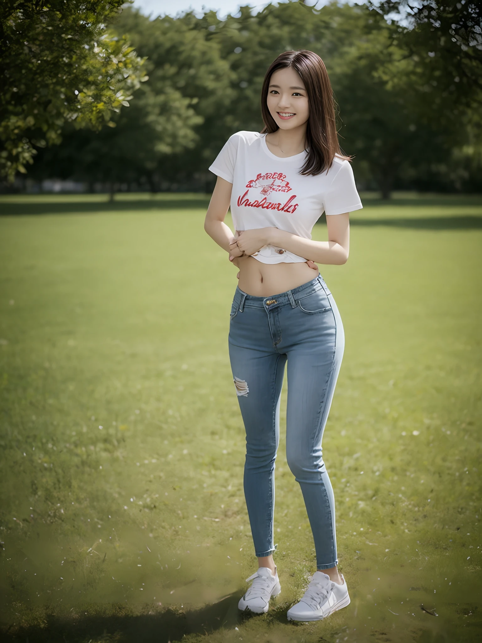（超高分辨率，RAW photogr，realisticlying，tmasterpiece，best qualtiy：1.4），Complicated details，3个女孩，3 20 year old Korean girl，wears（Navel baring blue T-shirt）and skinny jeans，Stand on the grass and take pictures，hugs，Intimate relationships，Detailed meadow，A sweet smile on a small face，Ultra-realistic facial details，The face and skin are pink and white, and luminous，Playful and coquettish pose，The calves are straight and slender:1.2，Wear high-end brand sneakers:1.0，eventide：0.3，Broad lighting，naturalshadow：1.0，超高分辨率，taken from behind，Shows a lean waist and hips，taking a full body photo:1.8 --auto