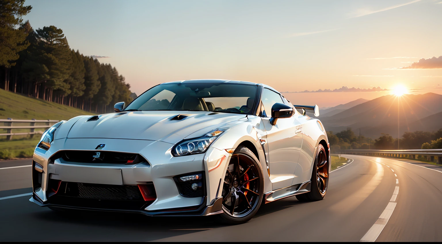 White GT-R 、Ride gracefully on endless roads、Towards the sunset. The evening sun bathes the surroundings with warm light, While the driver firmly grips the steering wheel. The scene exudes speed, Elegance and tranquility、Eta、Shows the beauty of the moment.